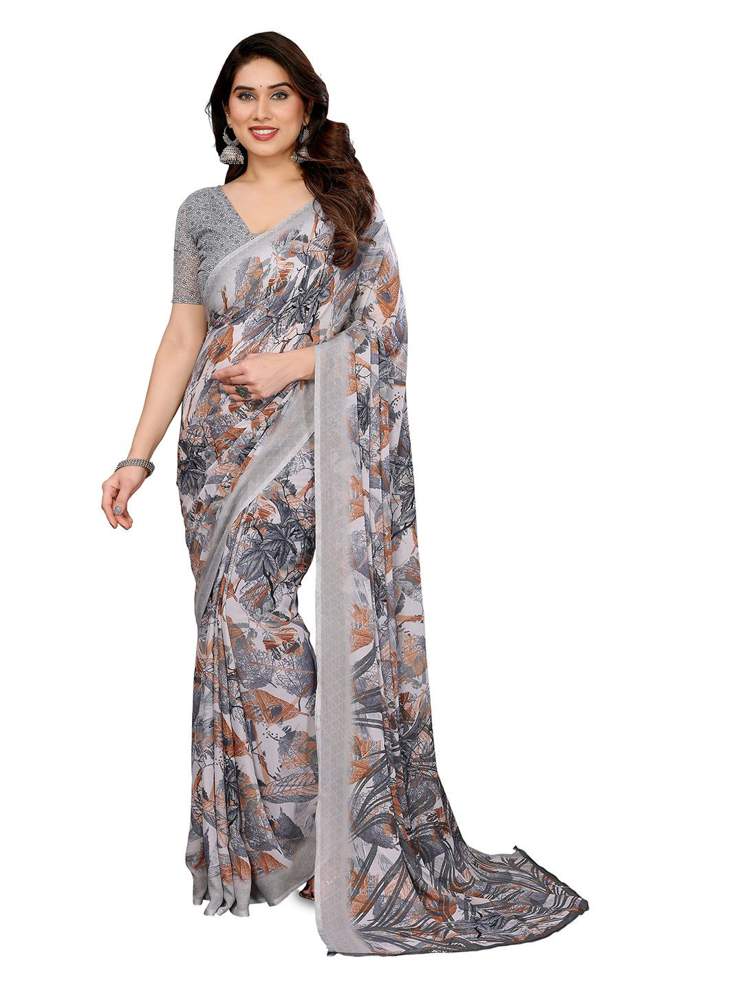 

Moda Rapido Floral Poly Georgette Saree, Grey