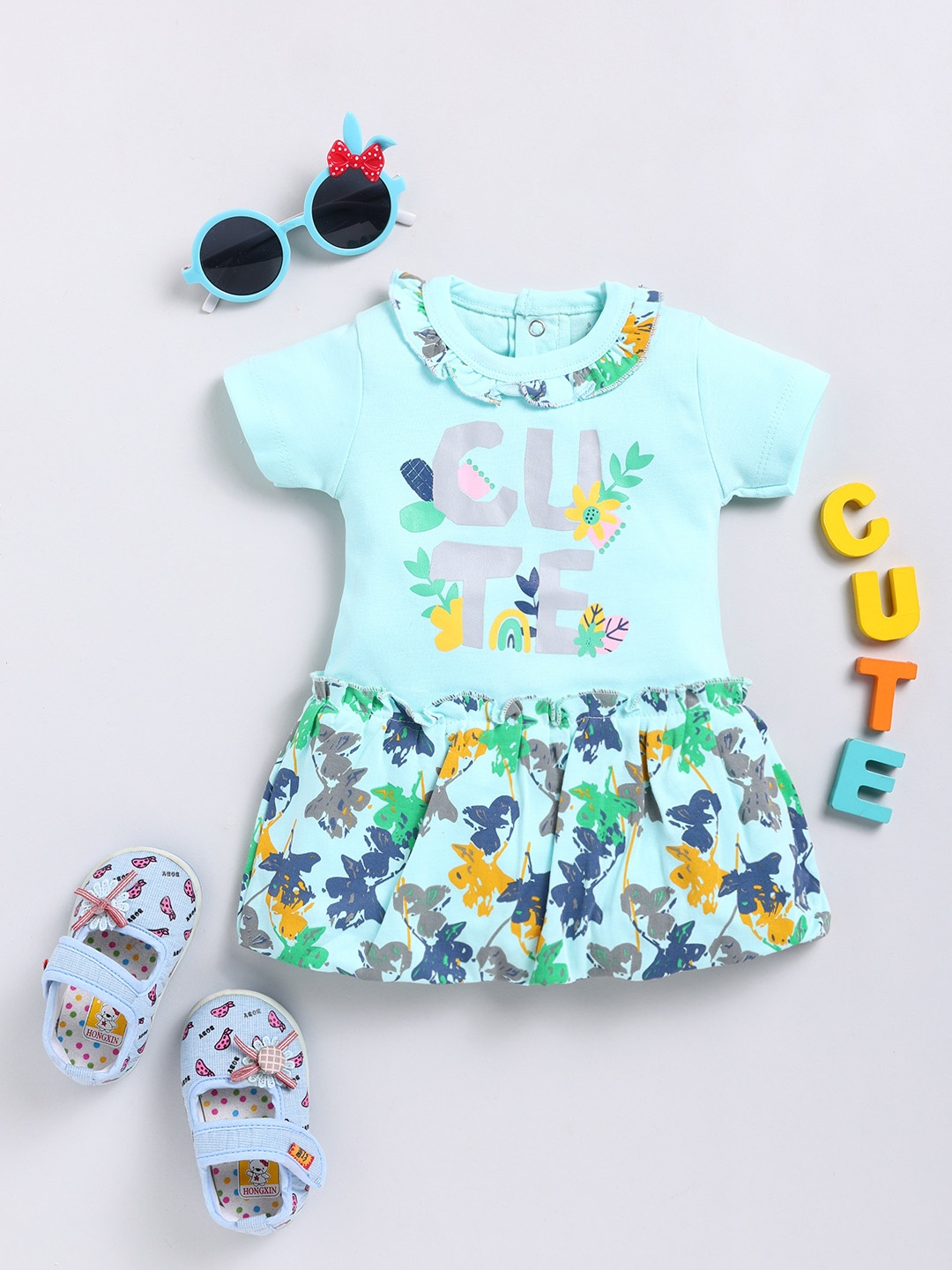 

YK X Tinyo Infant Girls Typography Printed Ruffled Cotton Drop-Waist Dress, Sea green