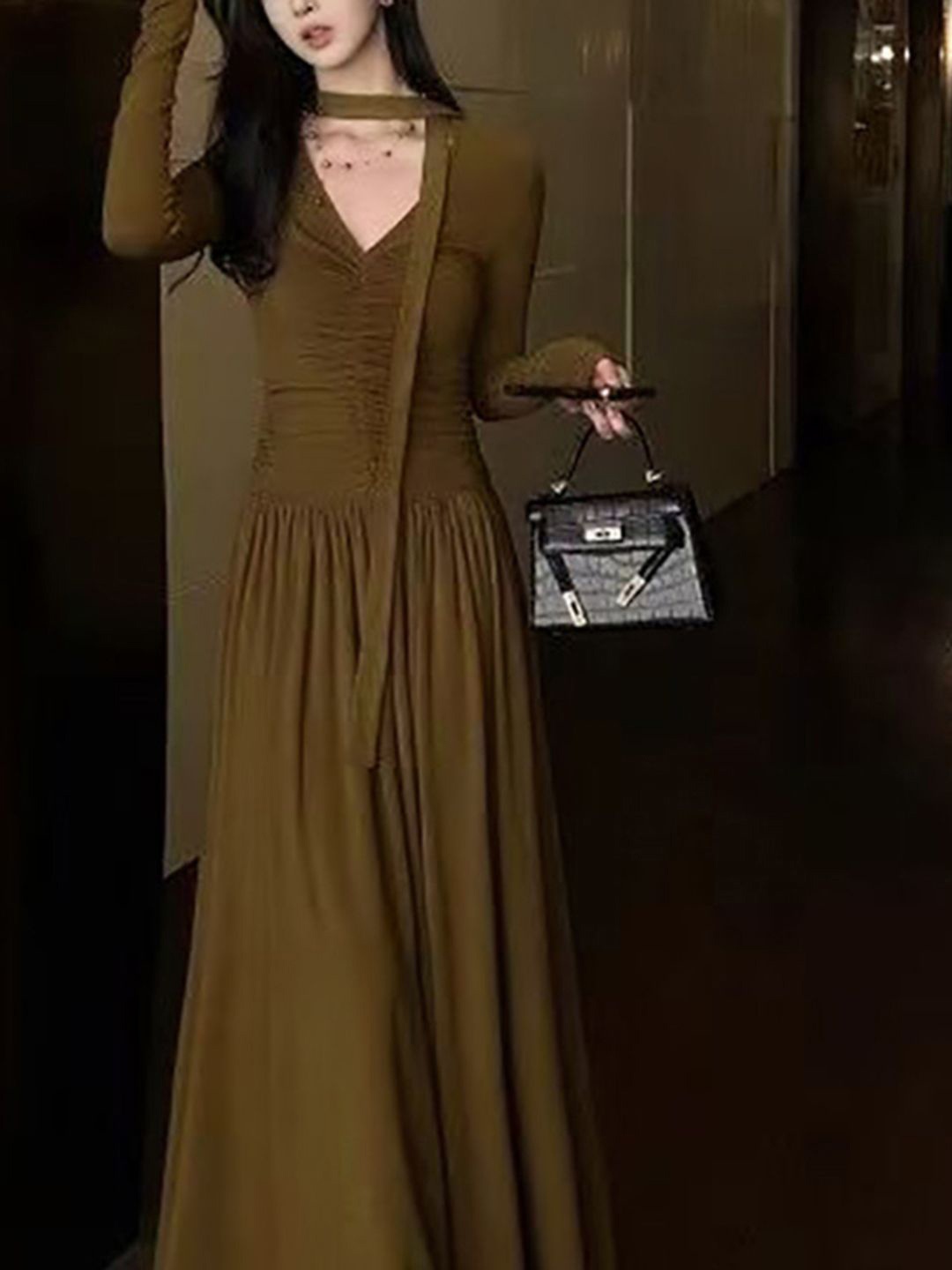 

bebe V-Neck Maxi Dress, Mustard