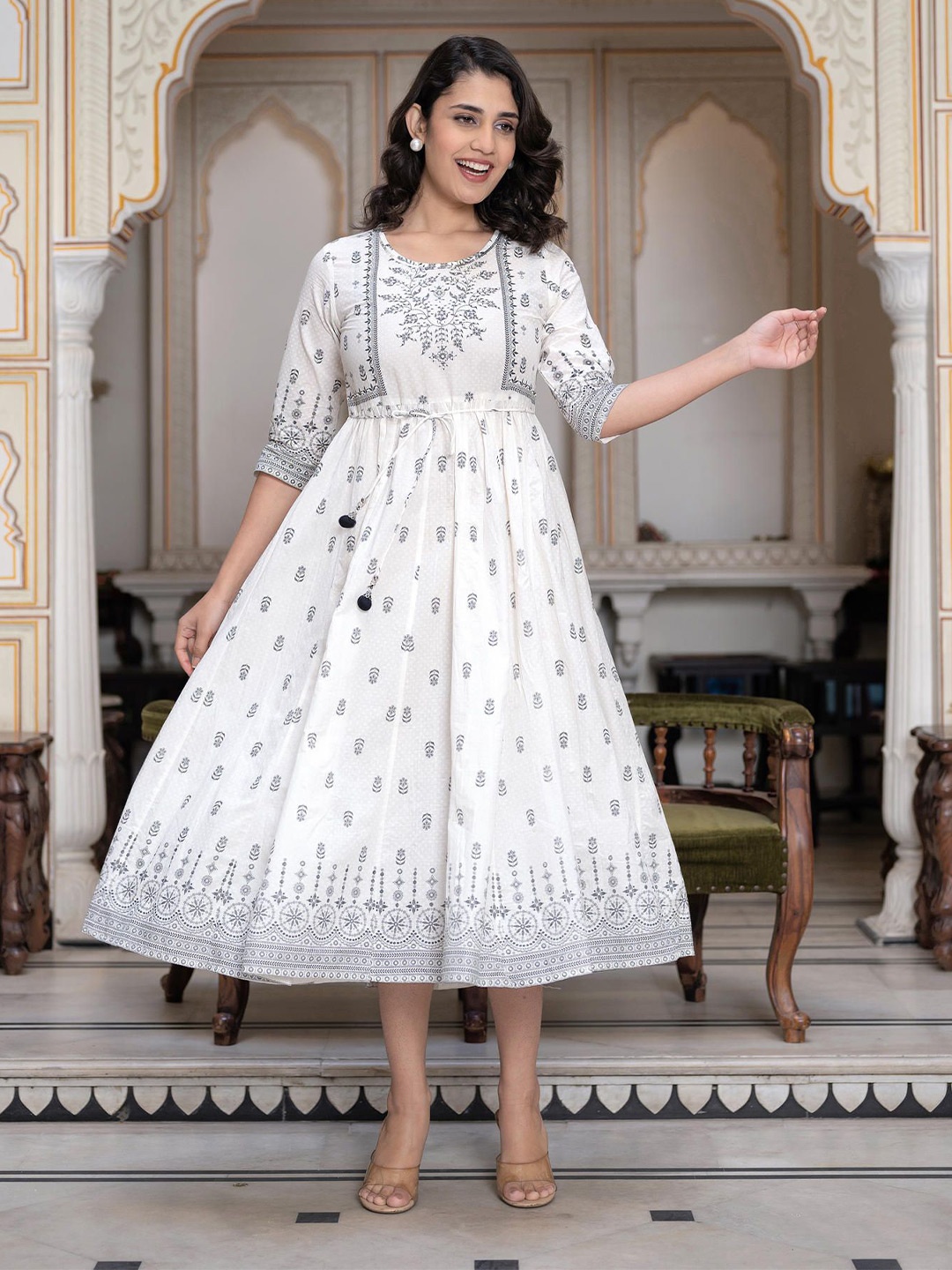 

Juniper Women Cotton Ethnic Motifs Printed Empire Midi Dress, White