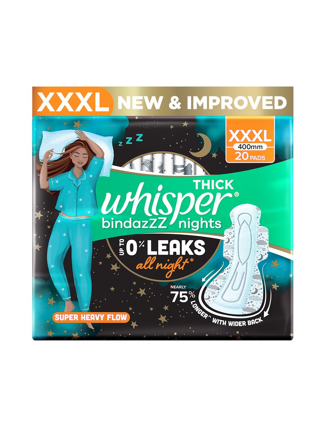 

Whisper Bindazzz Nights XXXL Sanitary Pads with Upto 0% Leaks All Night Long - 20 Pads, Black