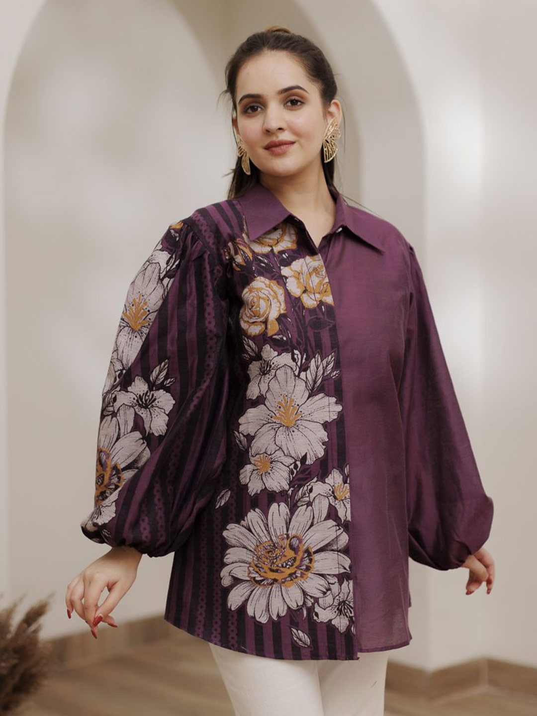 

KIDAR Women Comfort Floral Opaque Printed Casual Shirt, Burgundy