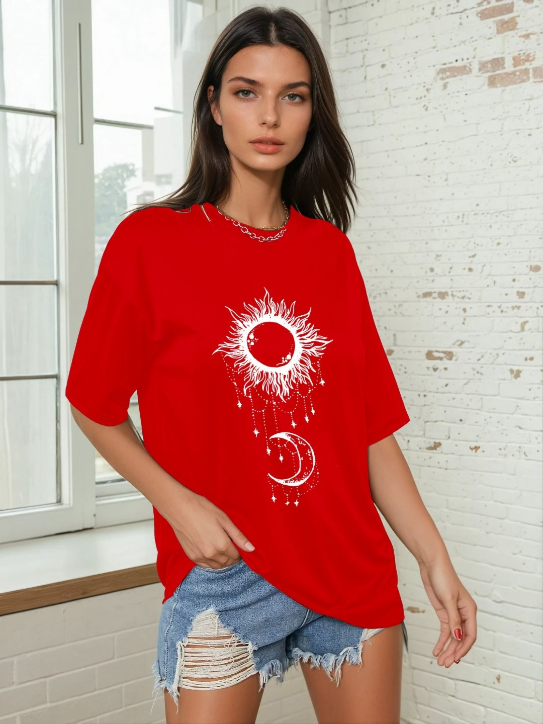 

CORSICA Women Graphic Printed Round Neck Oversized T-shirt, Red