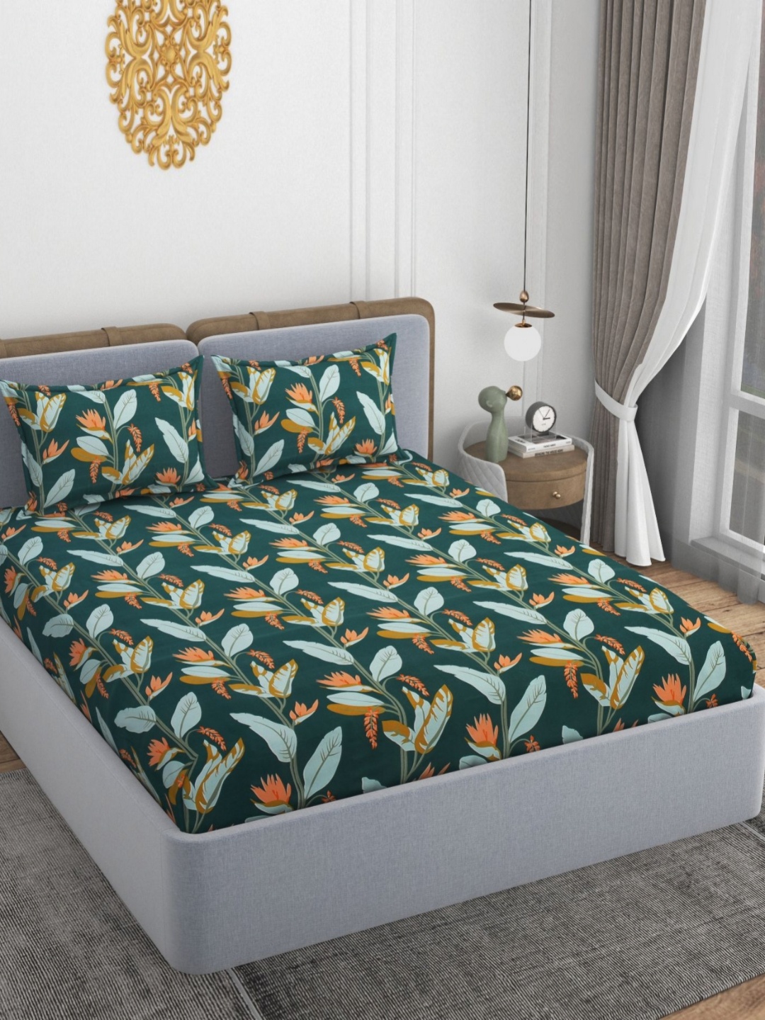 

VOMZER Green & Blue Floral Printed Cotton 210TC Fitted Queen Bedsheet Set- 1.98m x 1.53m