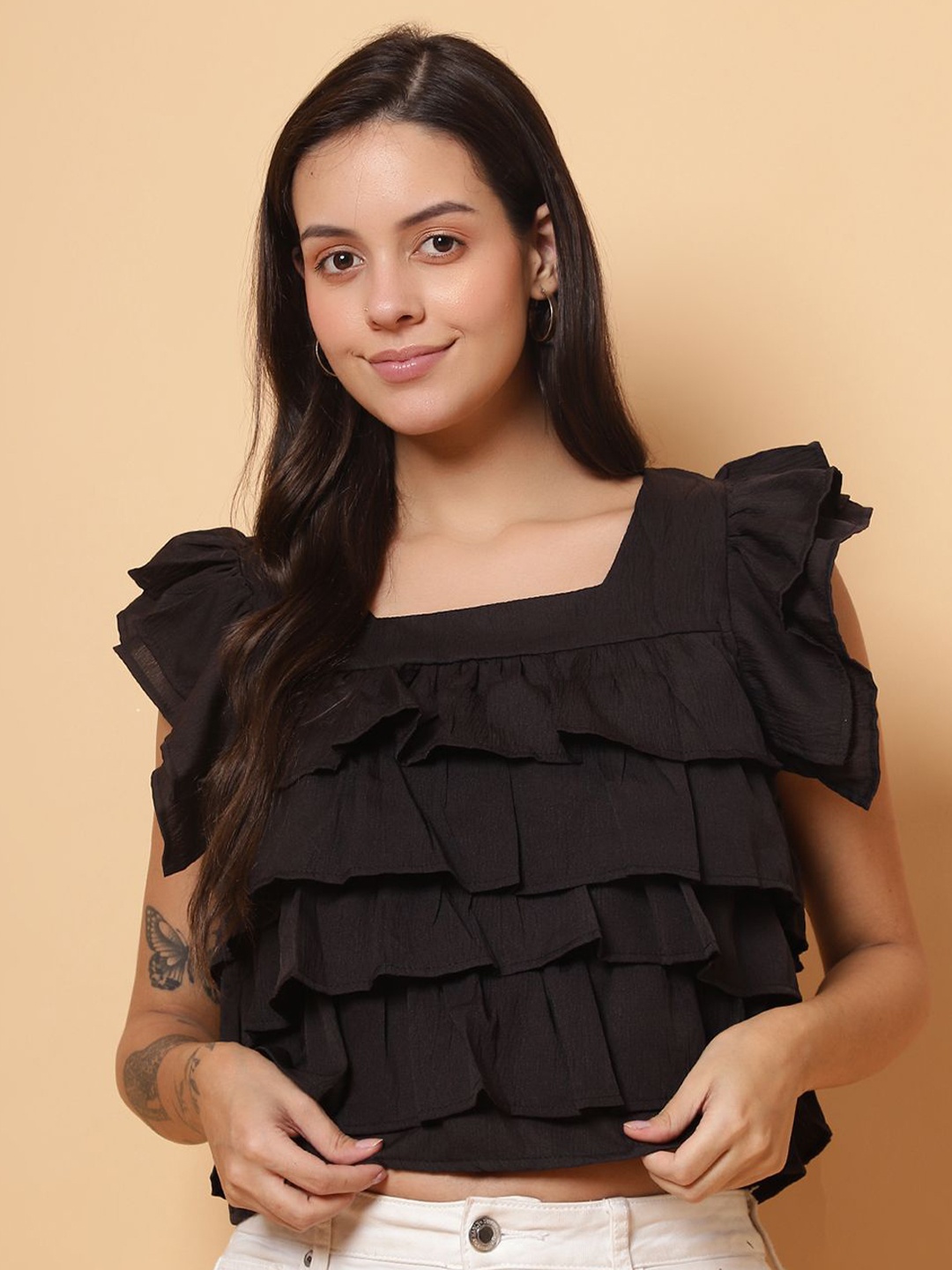 

ROSEMELON Women Textured Square Neck Tiered Top, Black