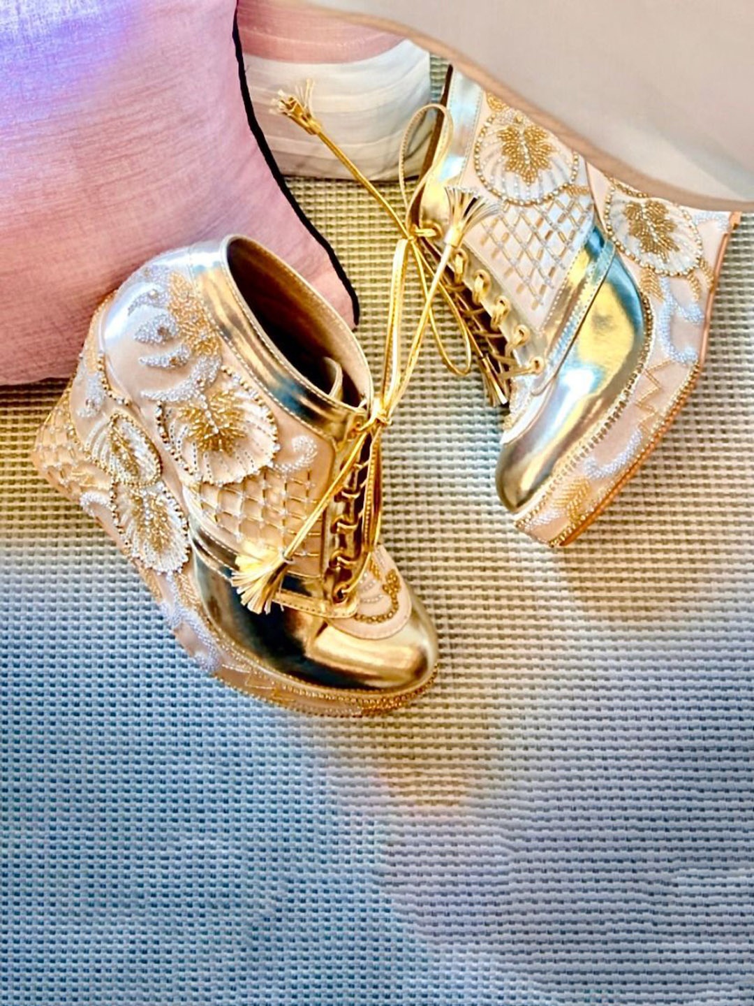

TIESTA Women Embellished Party Wedge Pumps, Gold