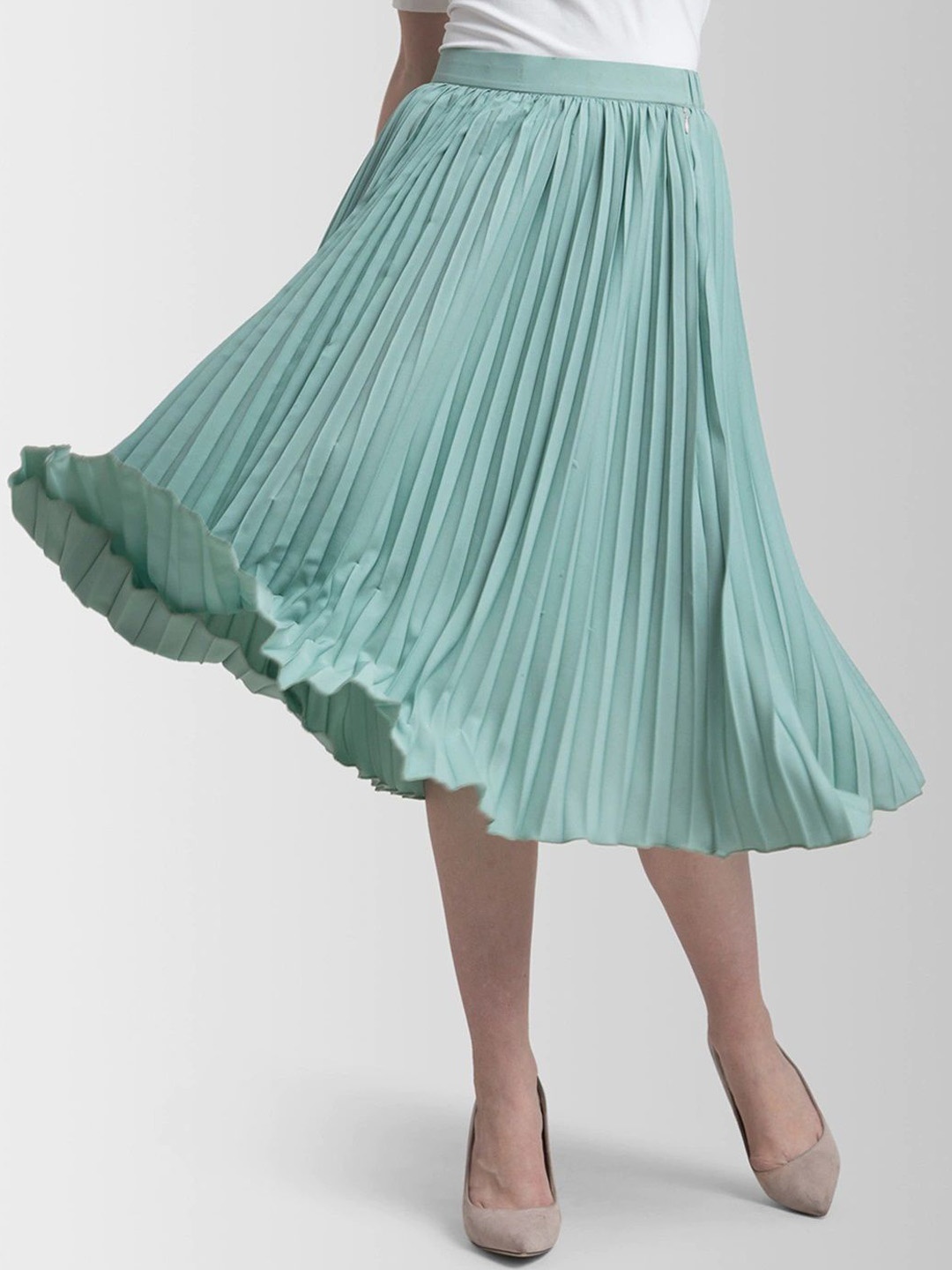 

ZWERLON Women Accordion Pleats A-Line Midi Skirt, Sea green