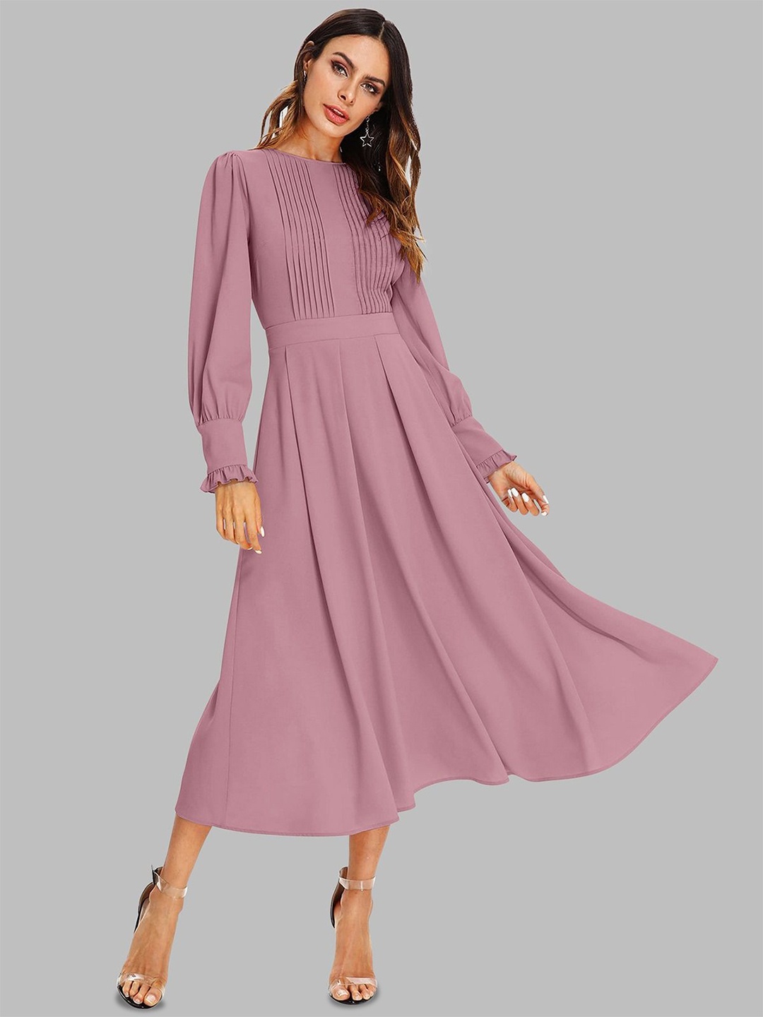 

DHUNKI Puff Sleeve Georgette Formal Fit & Flare Midi Dress, Pink