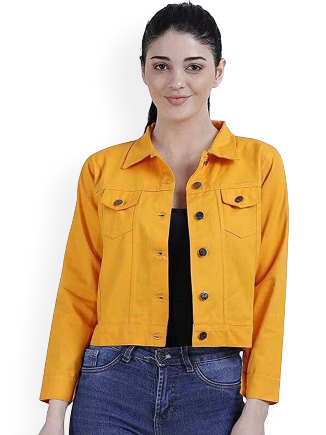 

KASHIAN Women Spread Collar Solid Casual Denim Jacket, Mustard