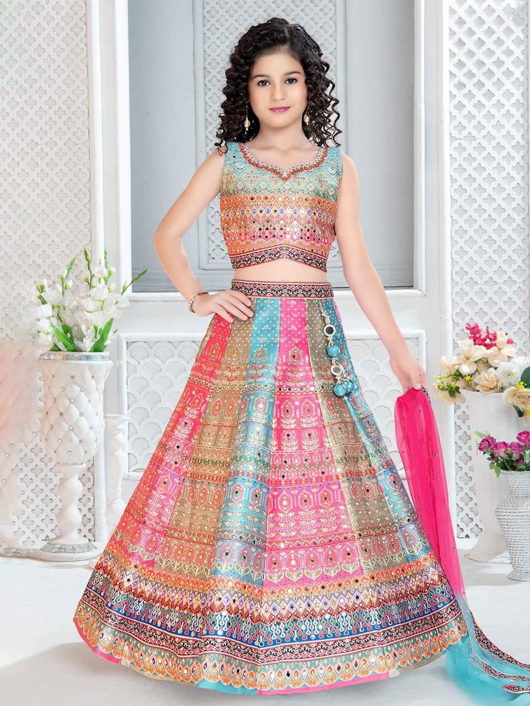 

BAESD Girls Printed Tie and Dye Ready to Wear Lehenga & Blouse With Dupatta, Blue