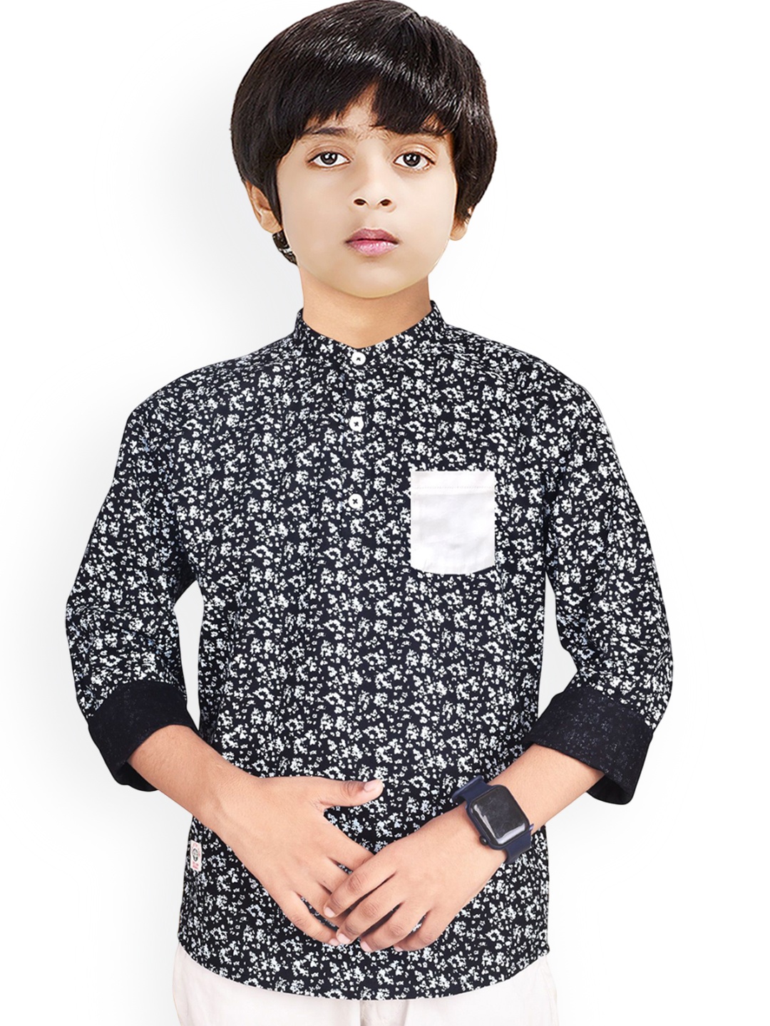 

MADE IN THE SHADE Boys Floral Printed Band Collar Pure Cotton Kurta, Black