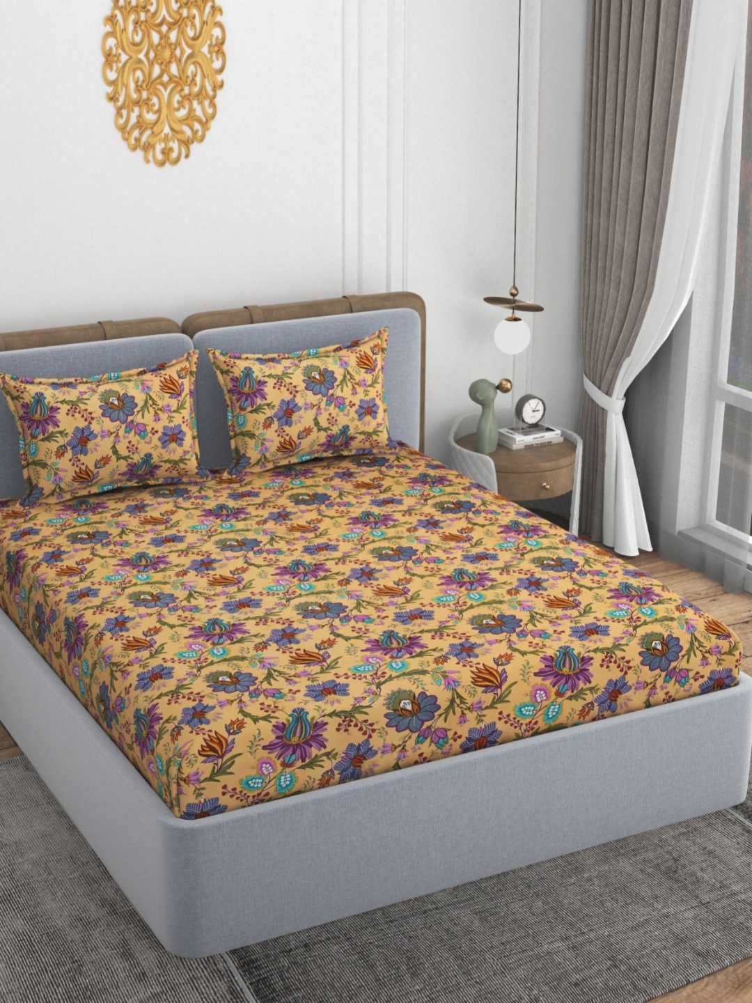 

VOMZER Yellow & Green Printed Cotton 210 TC Queen Bedsheet Set- 1.98 m x 1.53 m