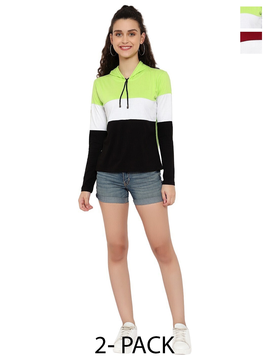 

DEEPMAYRA COLLECTION Women Pack Of 2 Colourblocked Hood Cotton T-shirts, Black