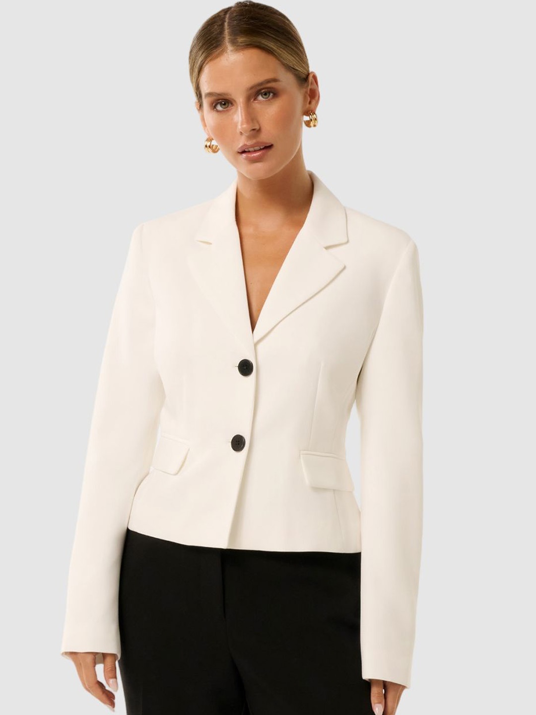 

Forever New Notched Lapel Collar Tailored Fit Breasted Blazer, Cream