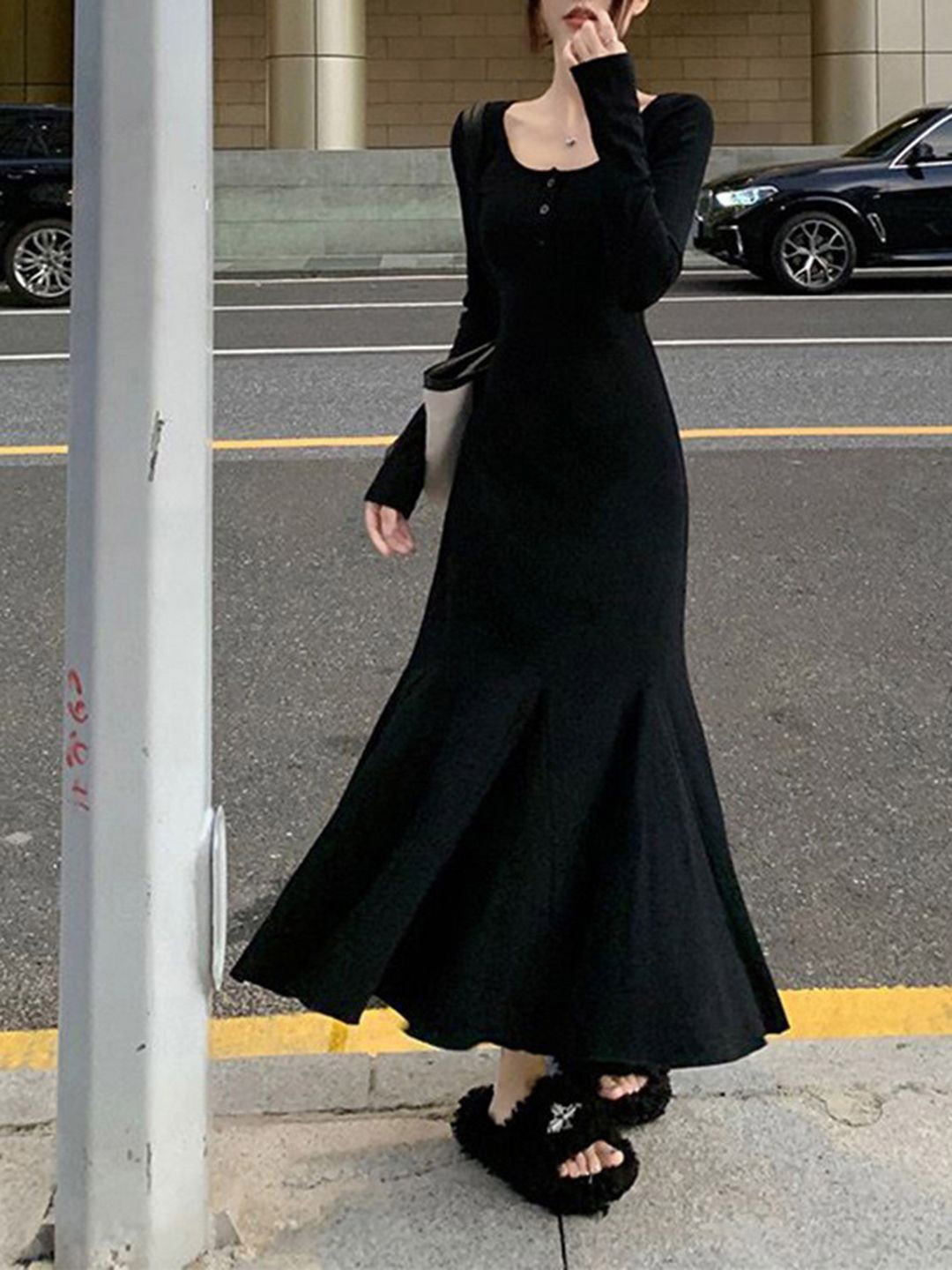 

DressBerry Round Neck A-Line Maxi Dress, Black