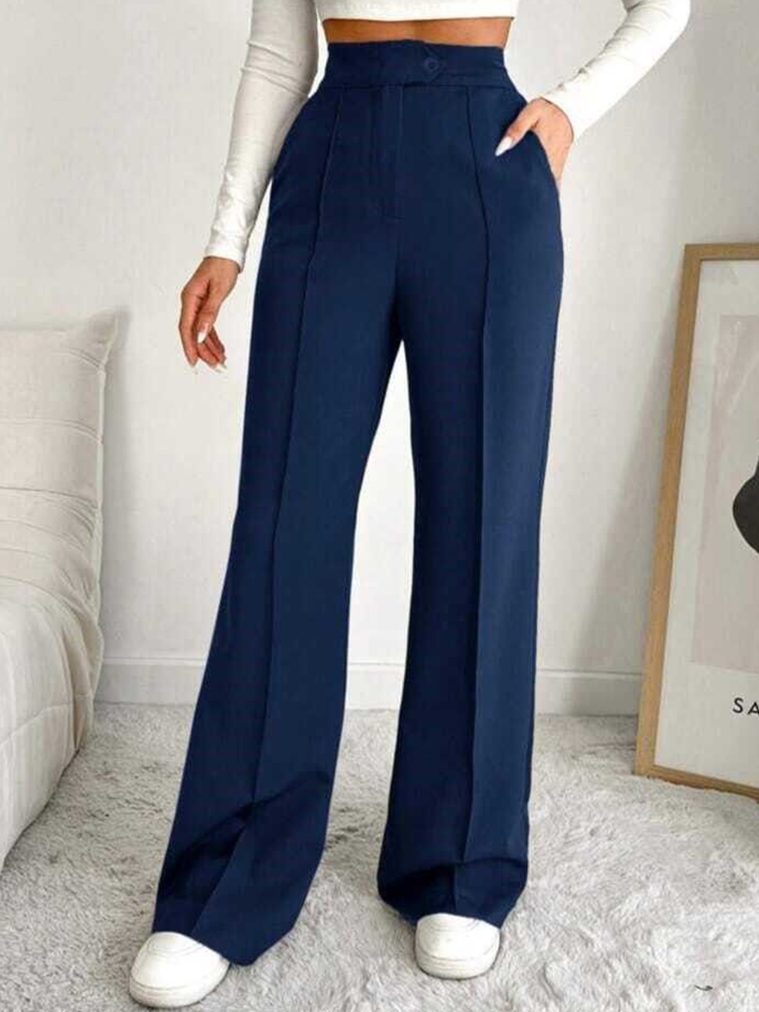 

BROADSTAR Women Smart Straight Fit High-Rise Easy Wash Pleated Trousers, Navy blue