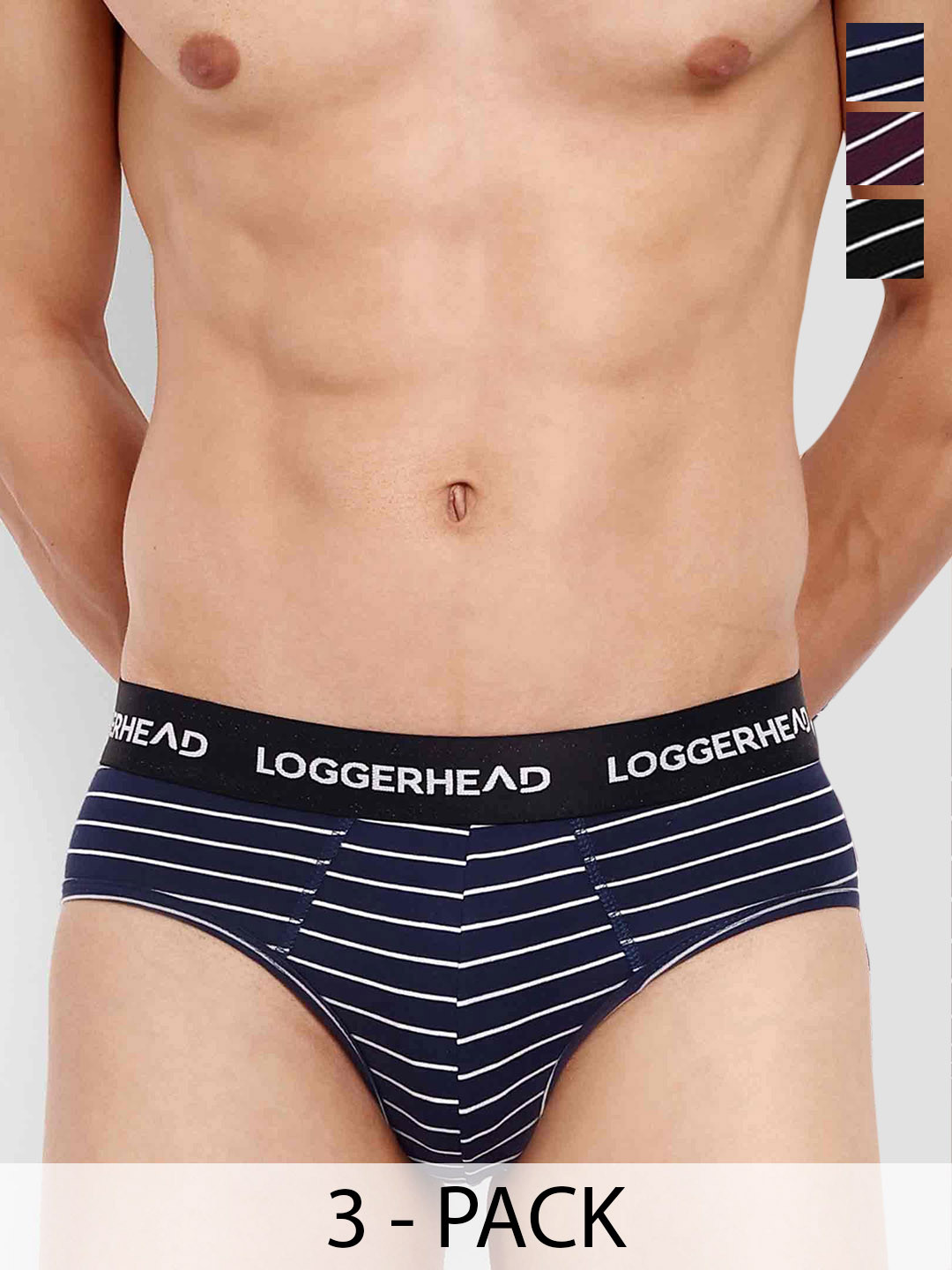 

LOGGERHEAD Pack Of 3 Striped Mid Rise Briefs - LHYB011-NAVY-WINE-BLACK-NAVY-WINE-BLACK, Navy blue