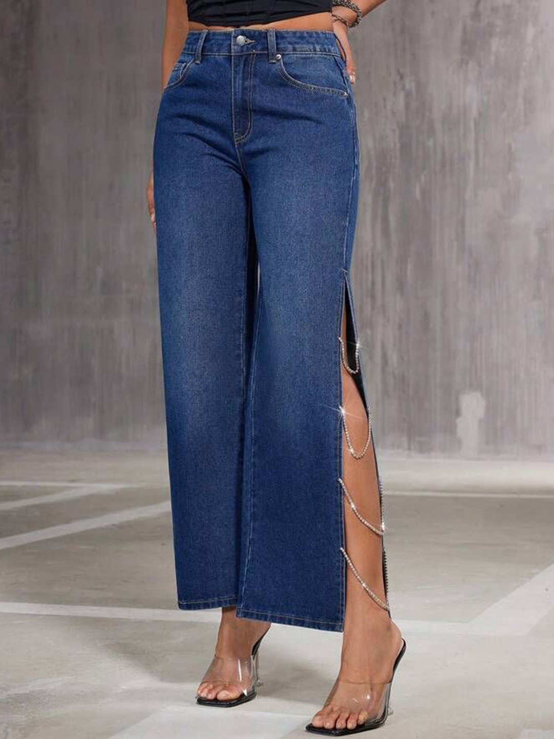 

Wear Your Words Women Side Slit Rhinestone Embellished Jeans Midnight Blue
