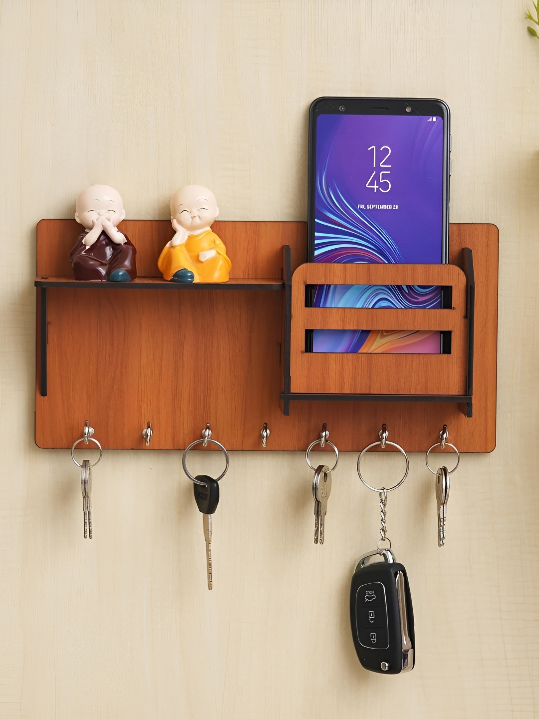 

Webelkart Brown Wooden 7-Hooks Key Holders With Mobile Charging Stand
