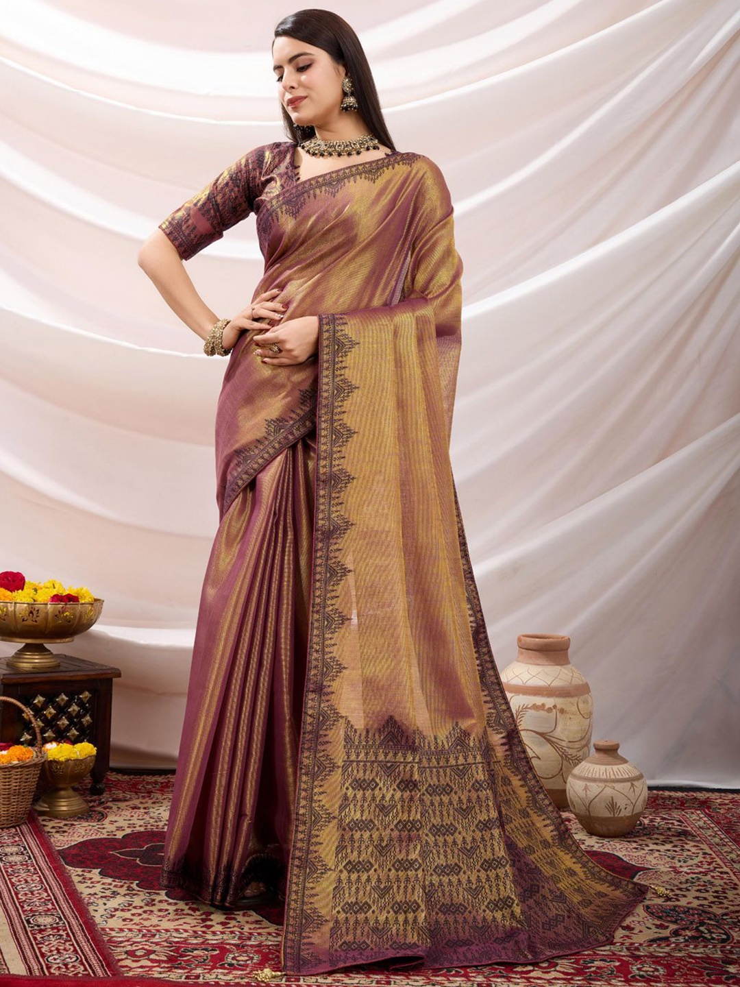 

Meena Bazaar Floral Embroidered Art Silk Saree, Copper