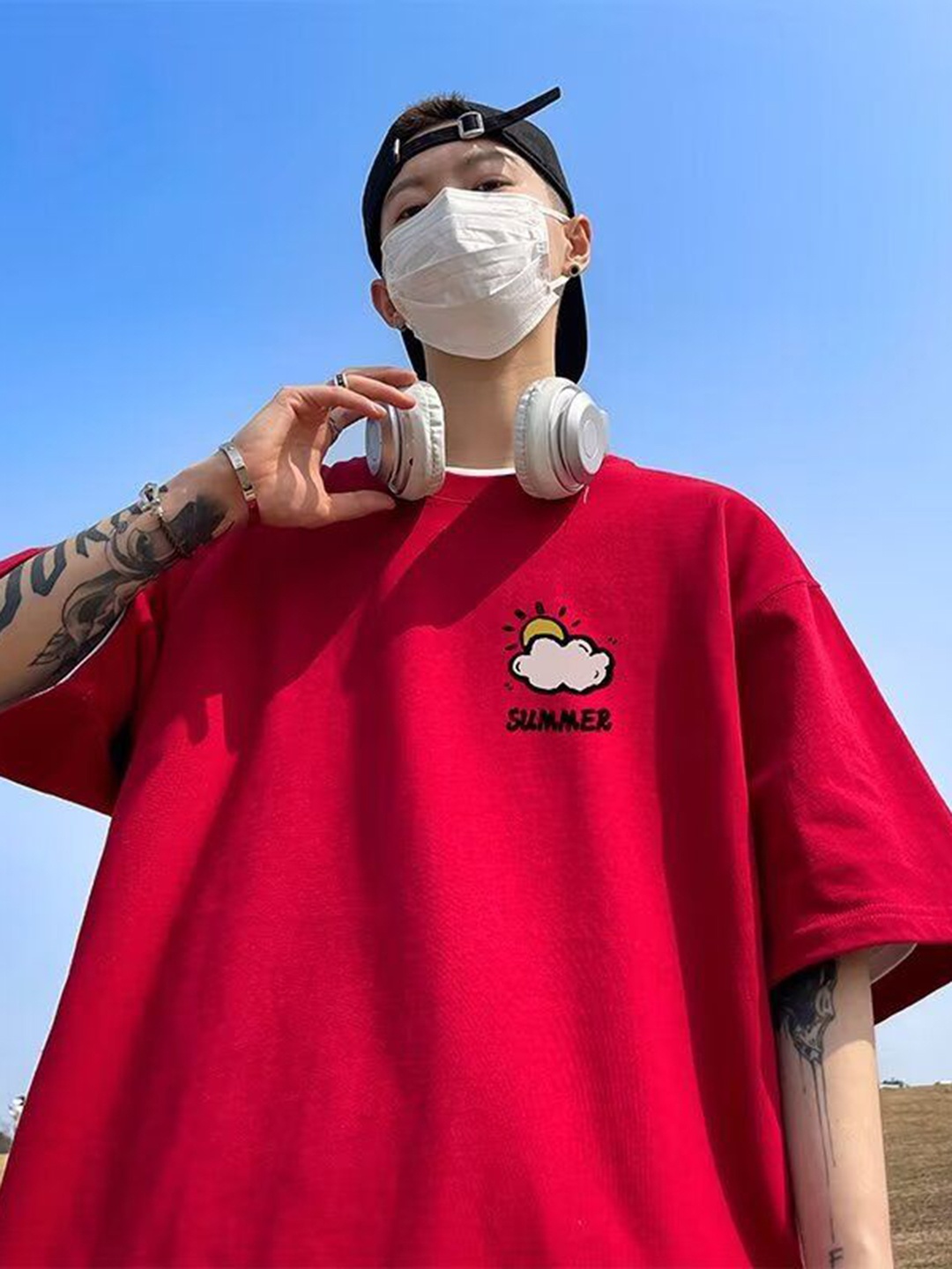 

HERE&NOW Men Graphic Printed Round Neck Cotton Oversized T-shirt, Red