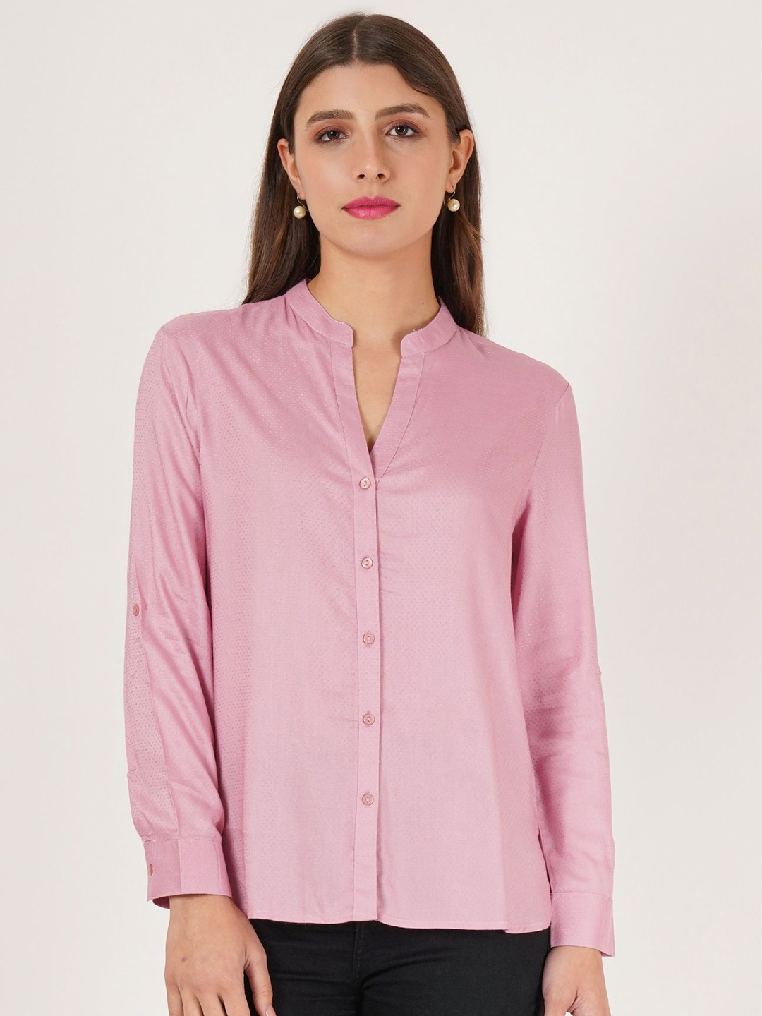

IX IMPRESSION Women Textured Mandarin Collar Shirt Style Top, Pink
