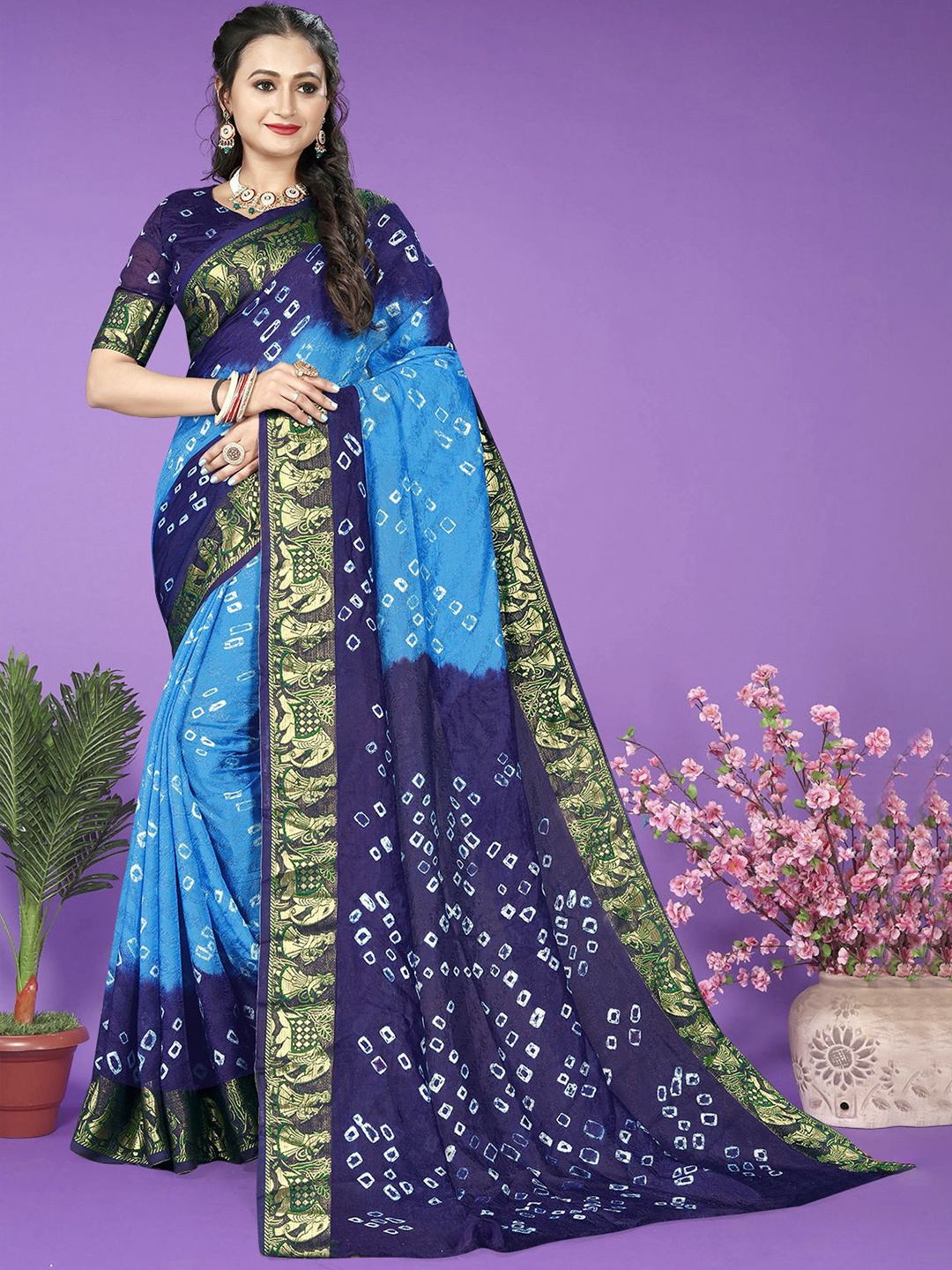 

Bandhanivilla Bandhani Zari Art Silk Bandhani Saree, Blue