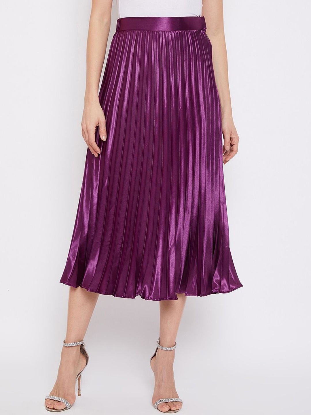 

ZWERLON Satin Pleated A-Line Midi Skirt, Purple