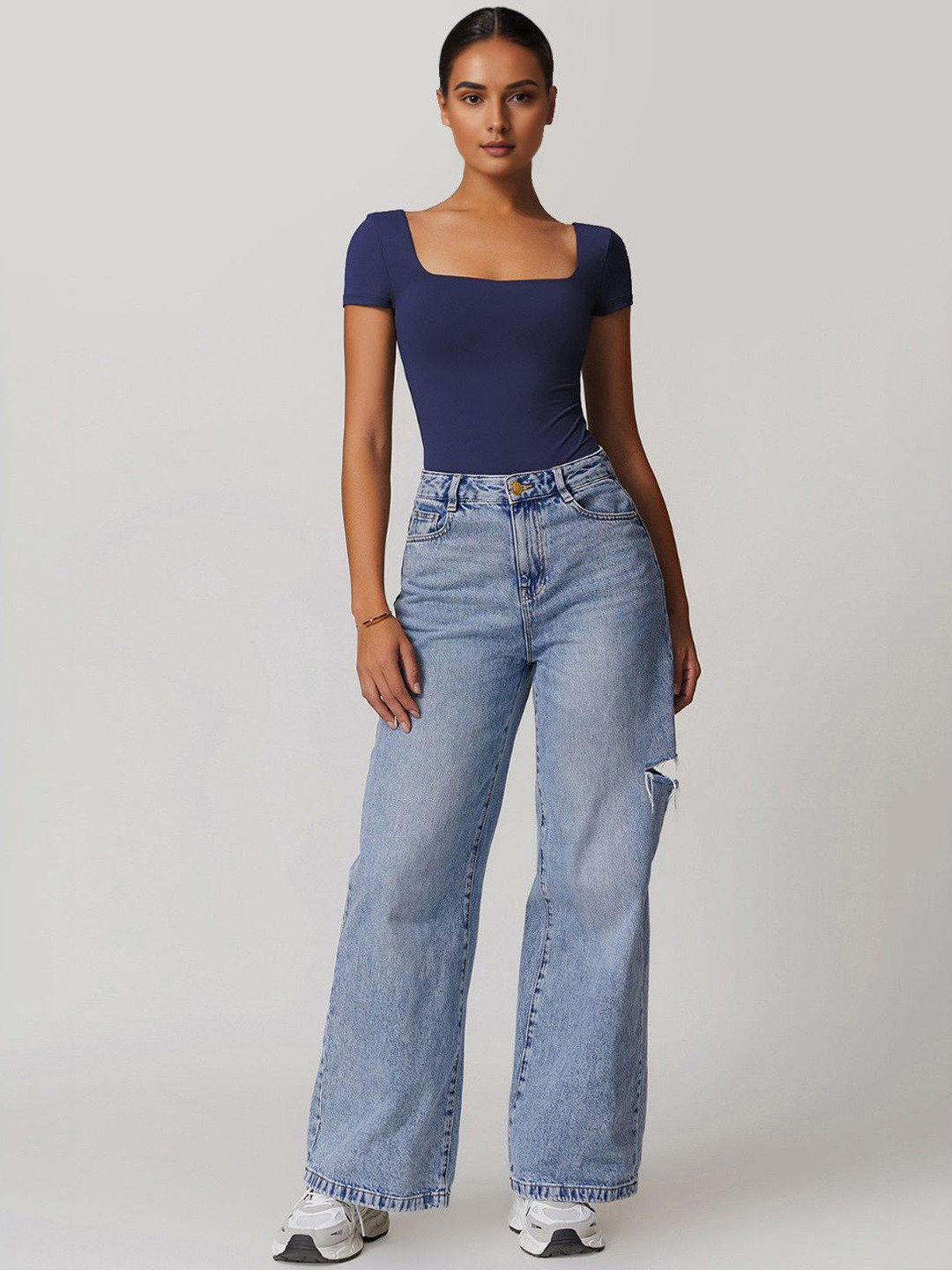 

StyleCast Square Neck Short Sleeve Bodysuit, Navy blue