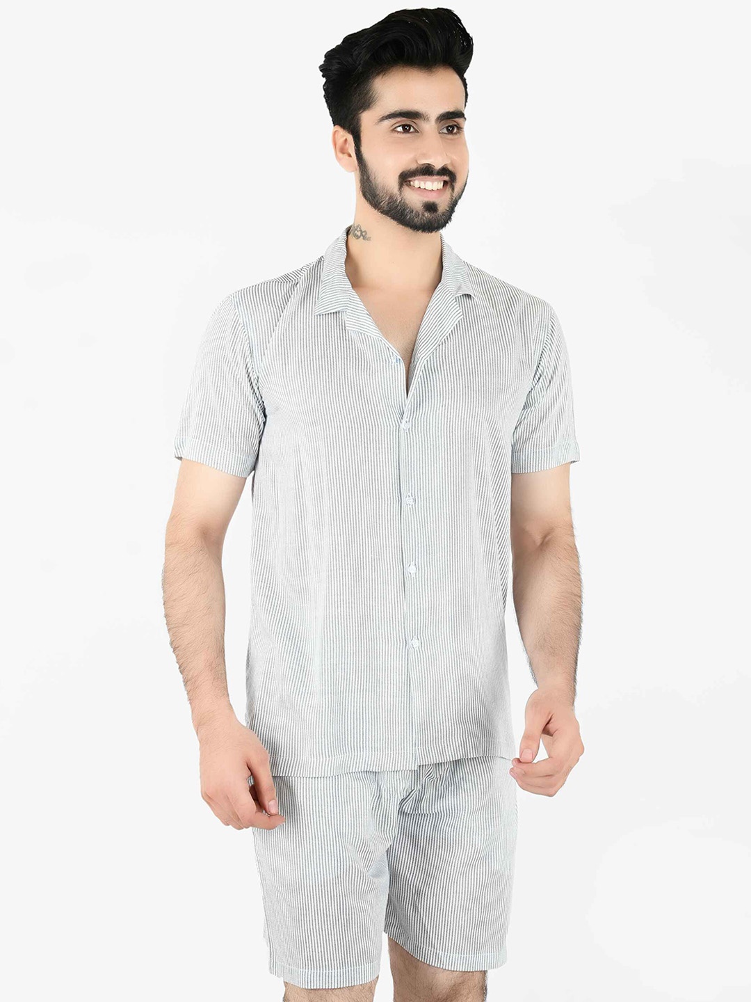 

Blissence Striped Pure Cotton Shirt With Shorts, Blue