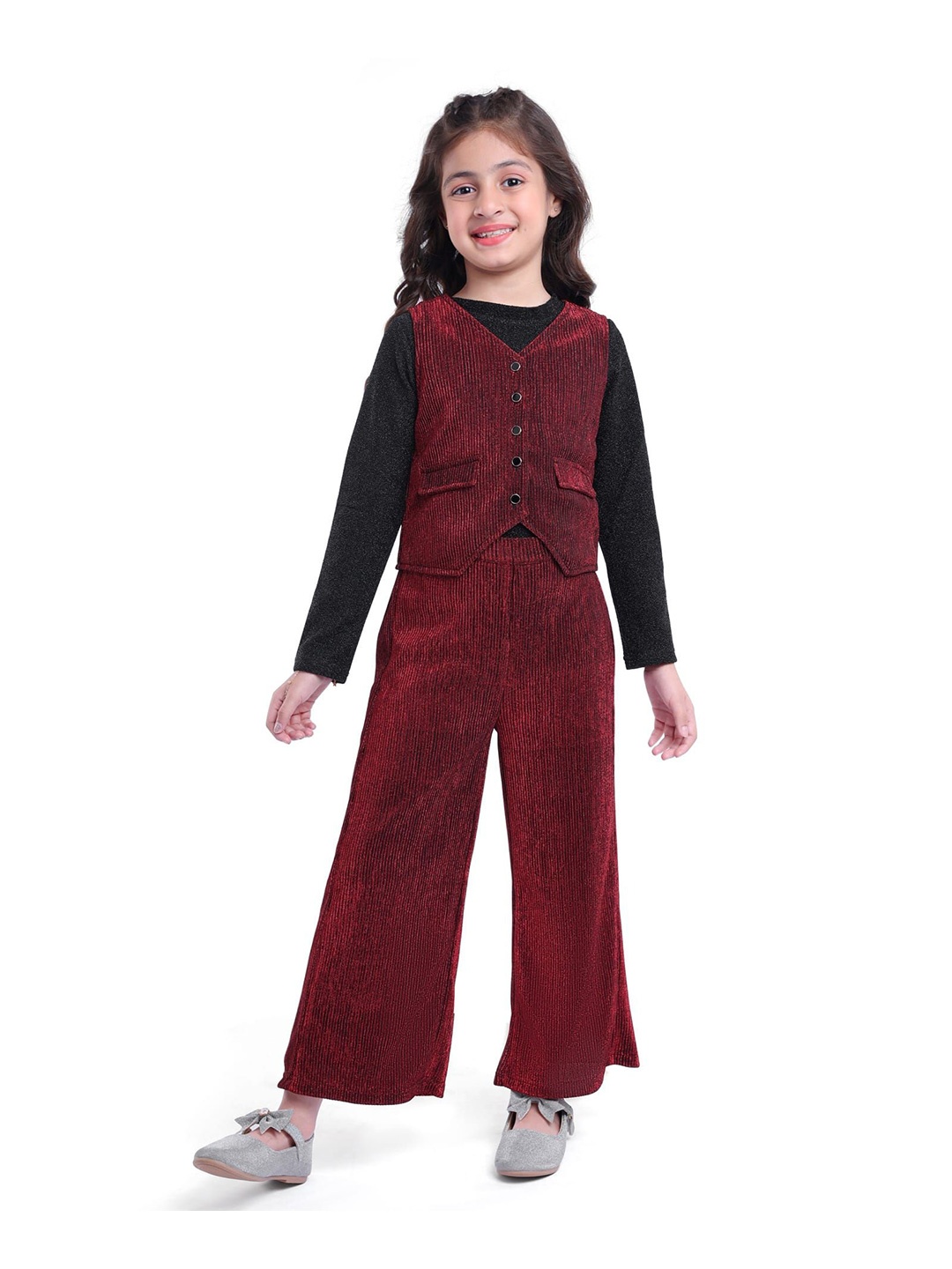 

Hola Bonita Girls Embellished Round Neck Top With Trousers & Waistcoat, Red
