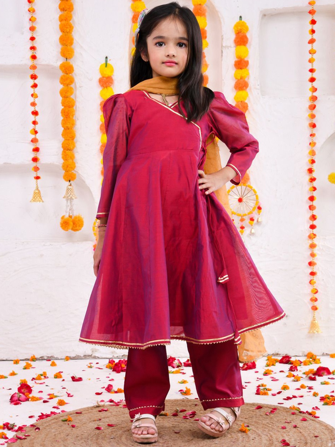 

i love legacy Girls V Neck Gotta Patti Chanderi Cotton Kurta With Trouser And Dupatta, Maroon