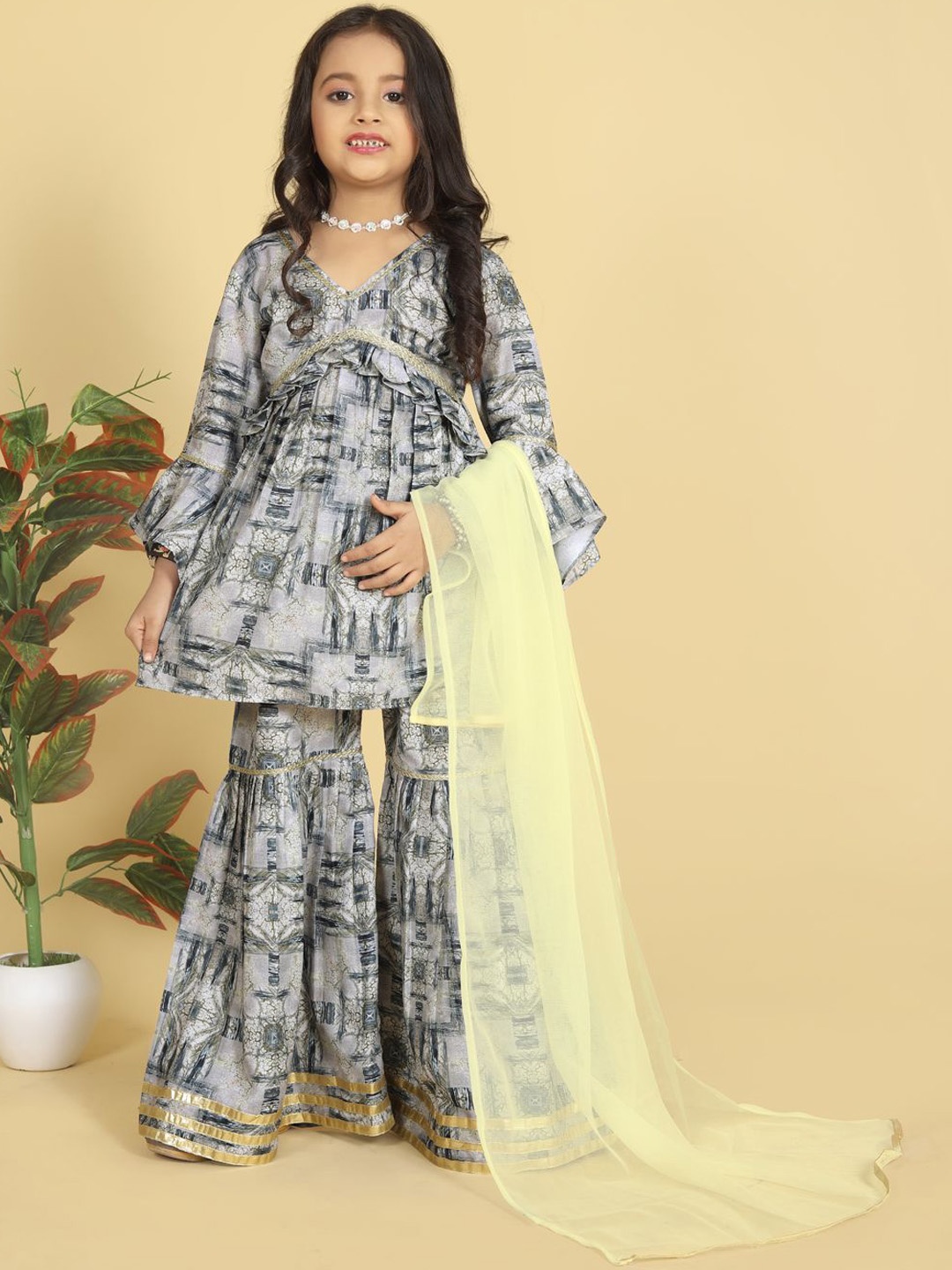 

LOOKS AND LIKES Girls Abstract Printed A-Line Kurta With Sharara & Dupatta, White