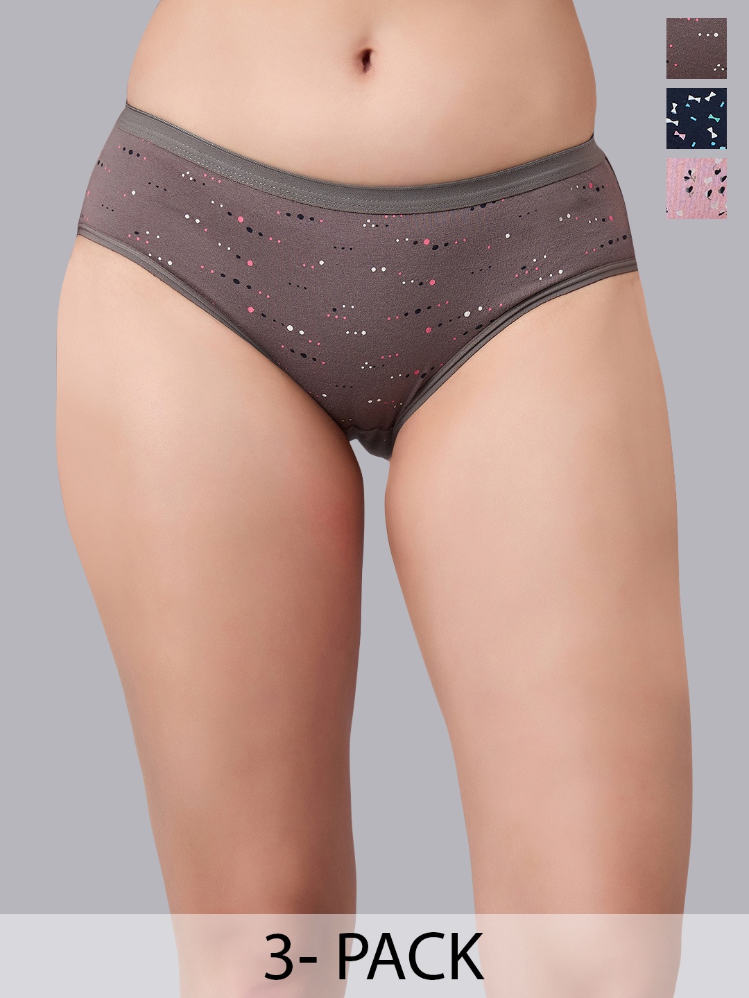 

SIMOH Pack Of 3 Women Printed Mid-Rise Hipster Briefs, Grey
