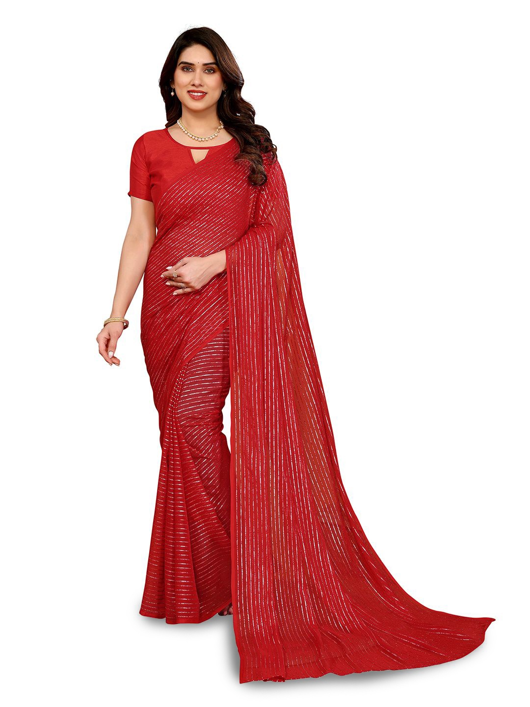 

Moda Rapido Striped Zari Saree, Red