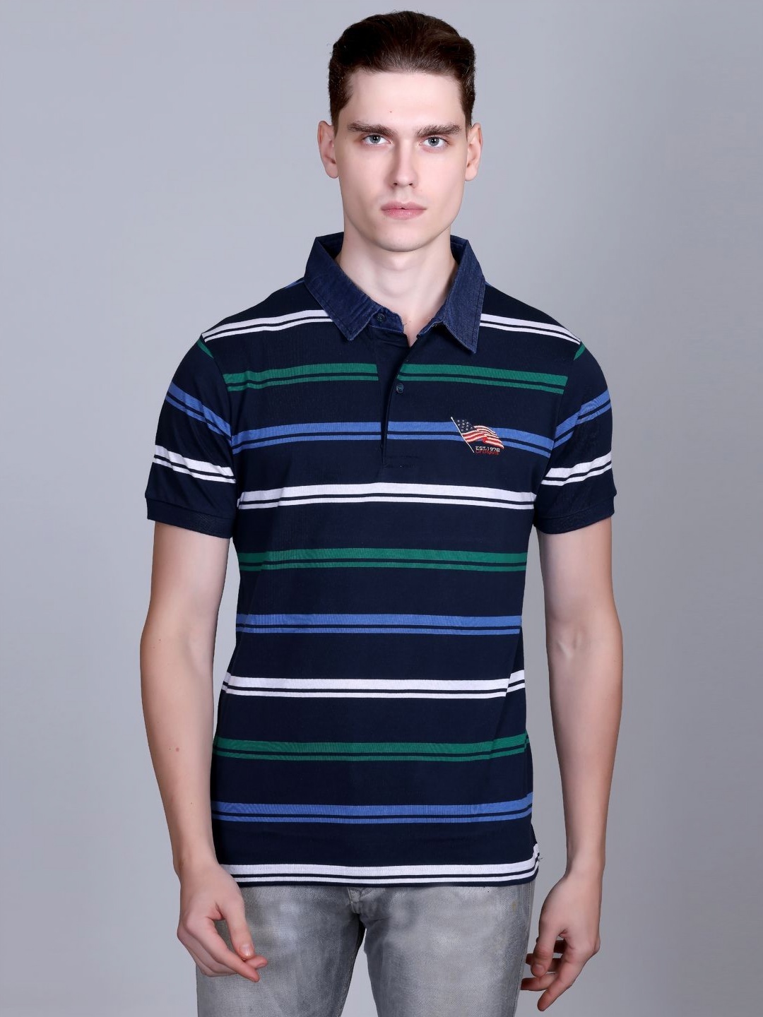 

CONFIDENCE Men Striped Polo Collar Cotton T-shirt, Navy blue