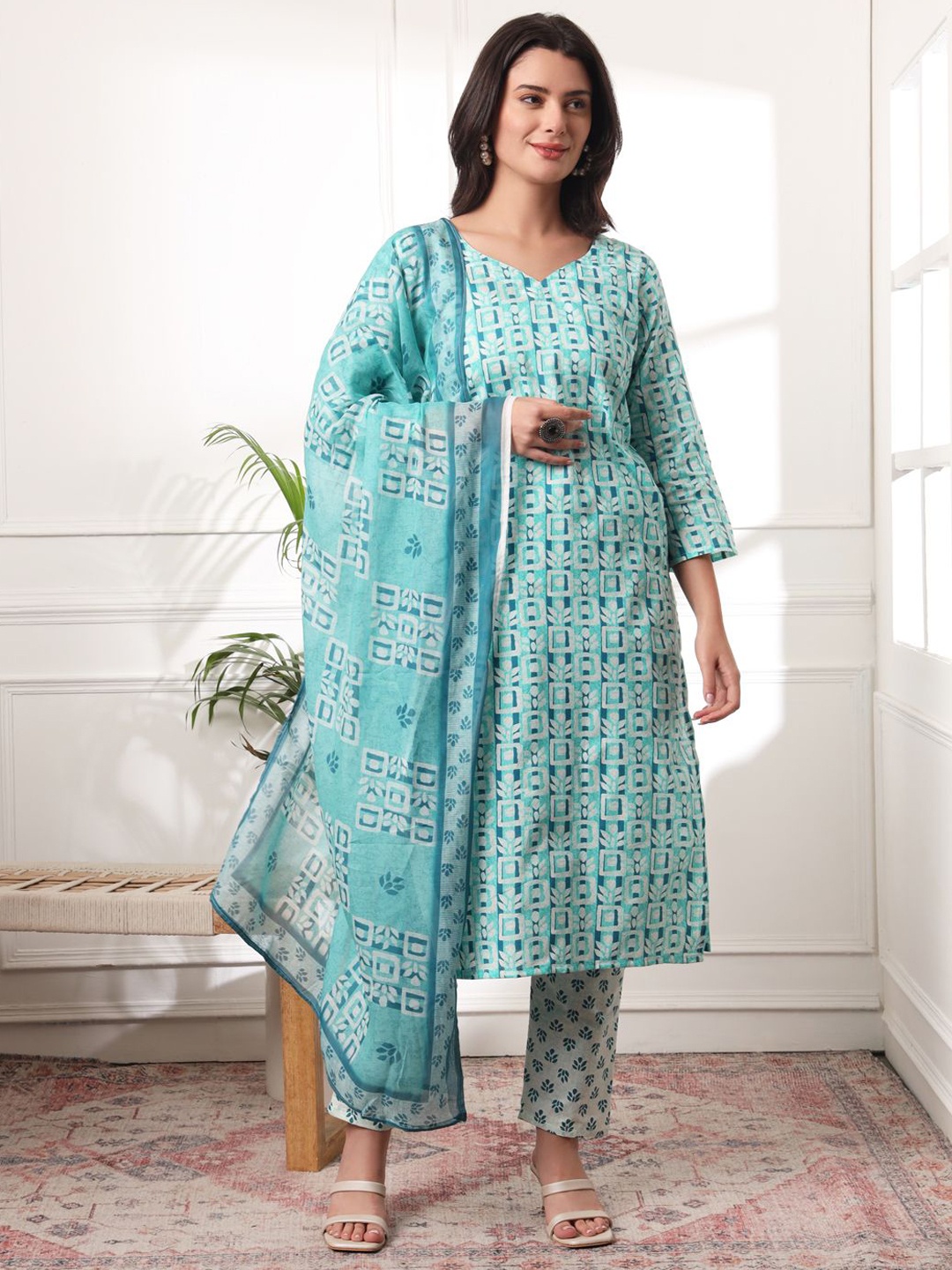 

KALINI Floral Printed Pure Cotton Sweetheart Neck Straight Kurta With Trousers And Dupatta, Blue