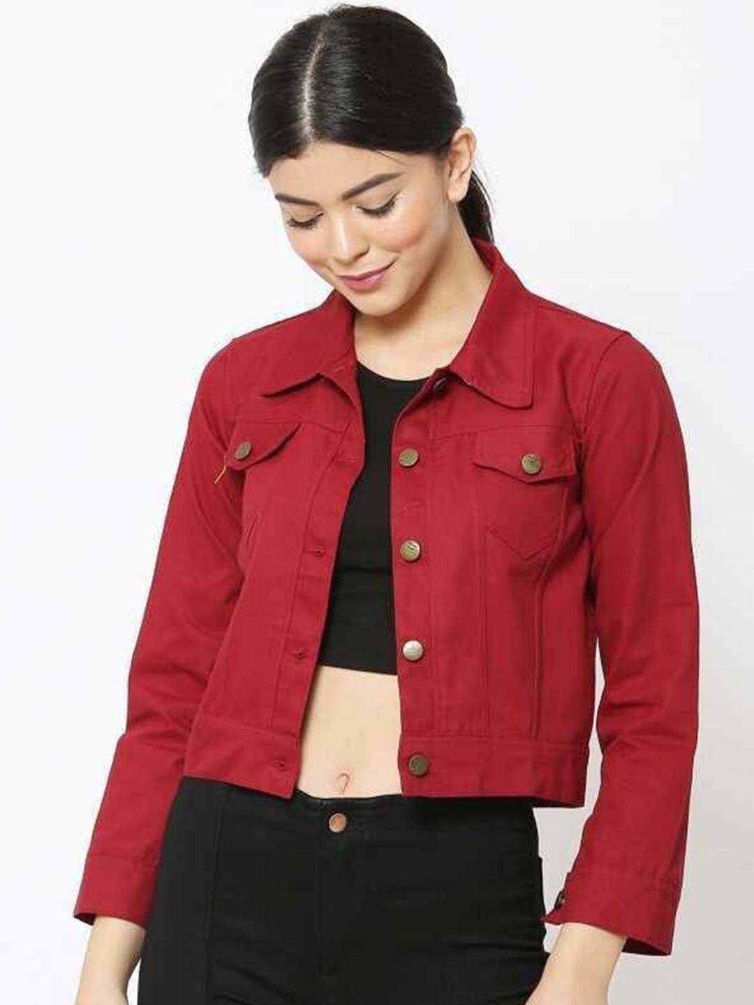 

KASHIAN Women Spread Collar Solid Casual Denim Jacket, Maroon
