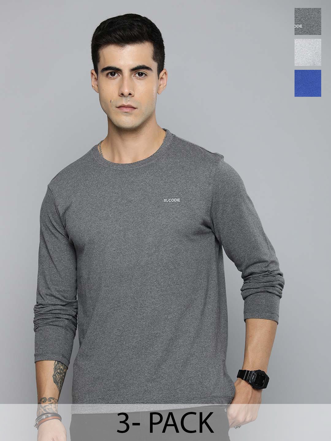 

R.Code by The Roadster Lifestyle Co. Men Regular Fit Pack Of 3 Solid Cotton T-shirts, Charcoal