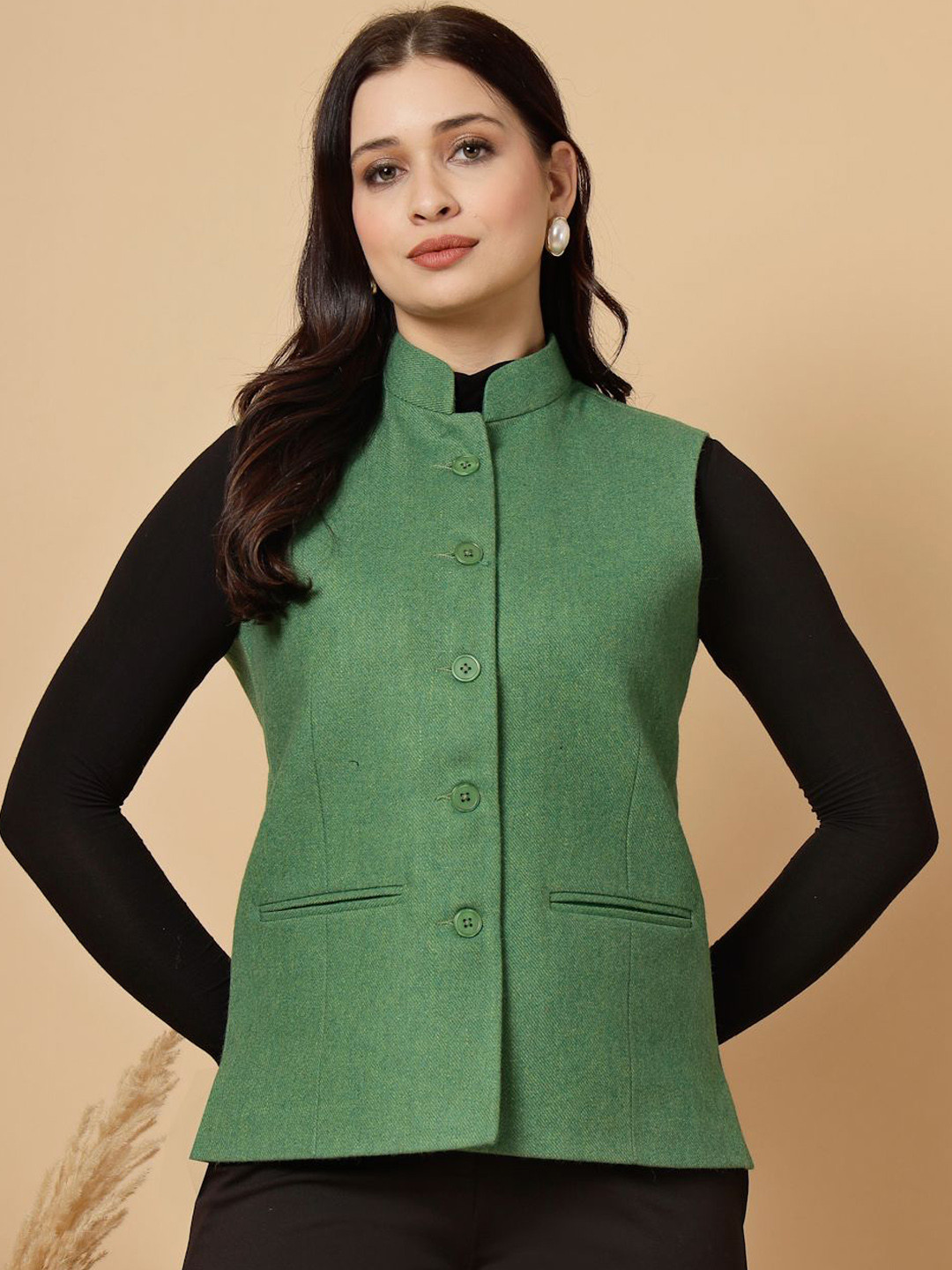 

KALINI Women Sleeveless Nehru Jacket, Green