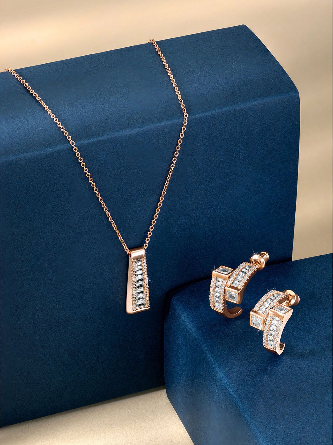 

Peora Rose Gold-Plated Cubic Zirconia Studded Jewellery Set With Red Rose Box