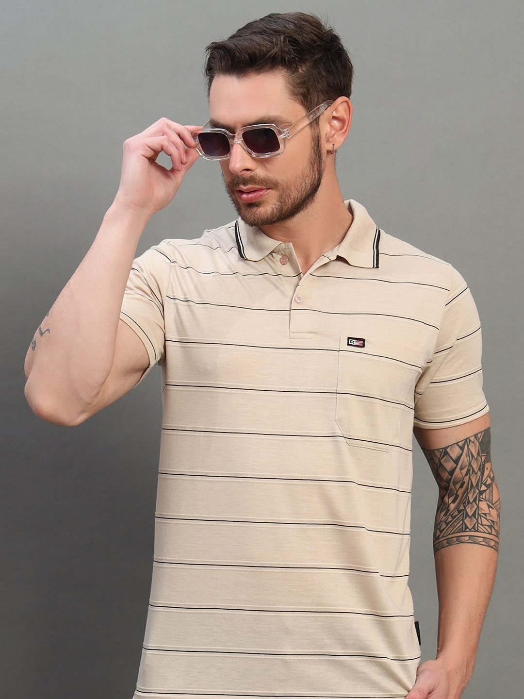 

RENUOVO Men Striped Polo Collar Cotton Muscle Fit T-shirt, Beige