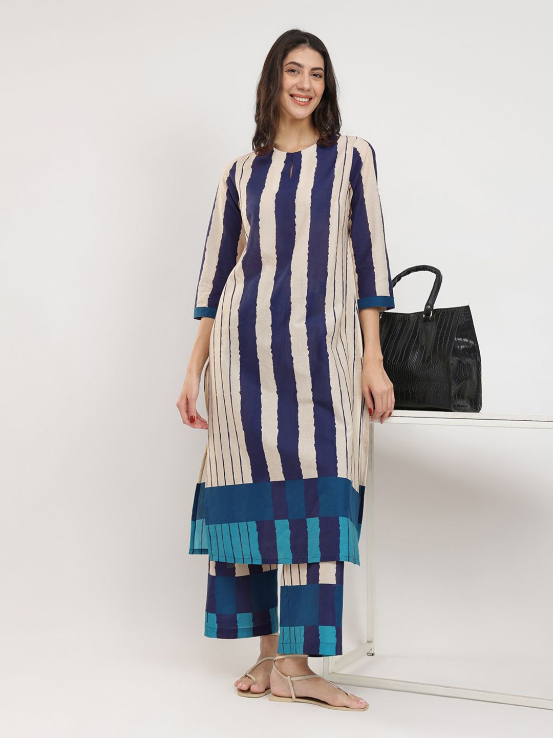 

Pink Fort Women Striped Regular Pure Cotton Straight Kurta with Palazzos, Blue