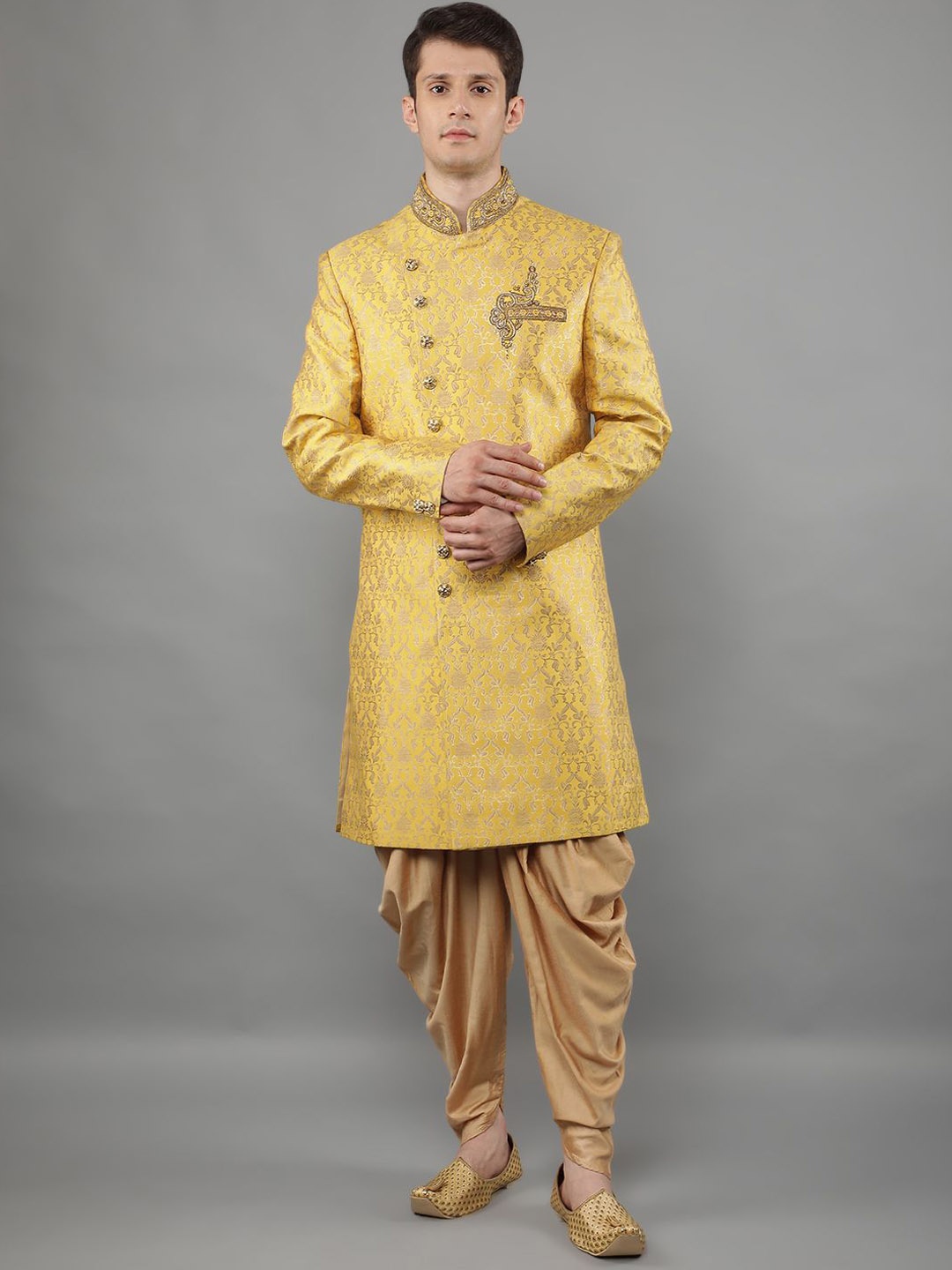 

Manish Creations Men Mandarin Collar Sherwani Set, Mustard