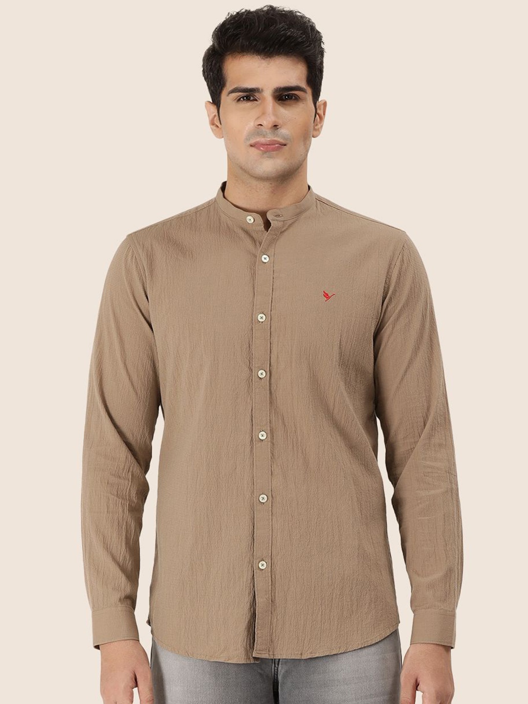 

AMSWAN Men Band Collar Textured Cotton Casual Shirt, Brown