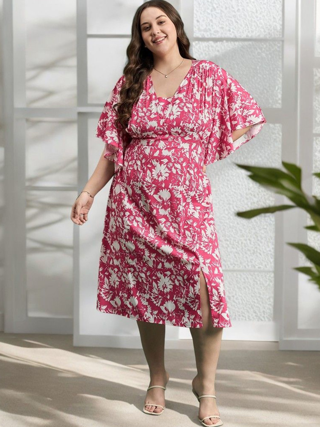 

ANJIR Plus Size Floral Printed A-Line Dress, Pink
