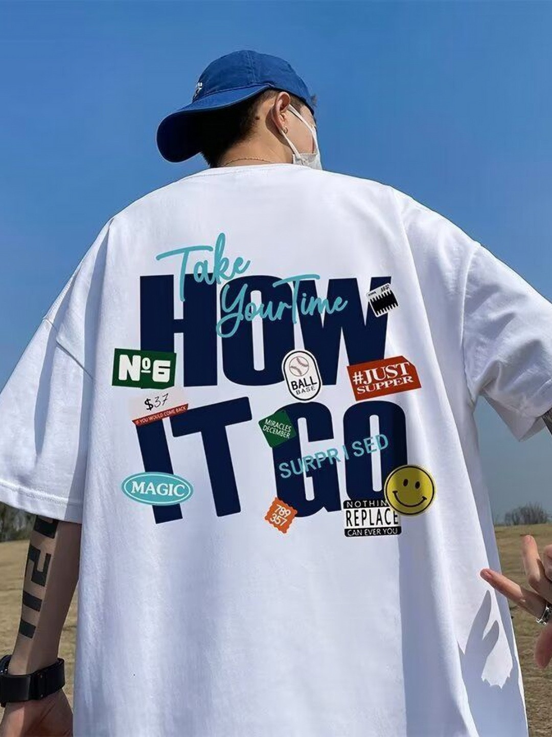 

HERE&NOW Men Typography Printed Round Neck Cotton Oversized T-shirt, White