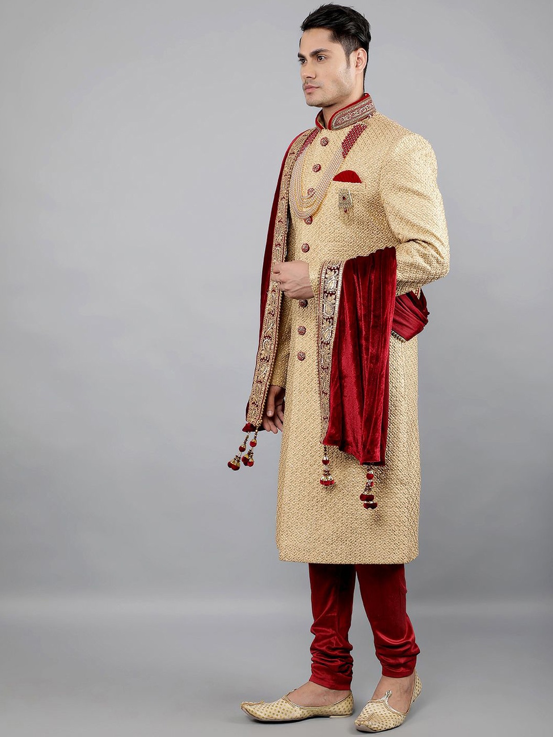 

Manish Creations Mandarin Collar Brocade Sherwani Set, Beige