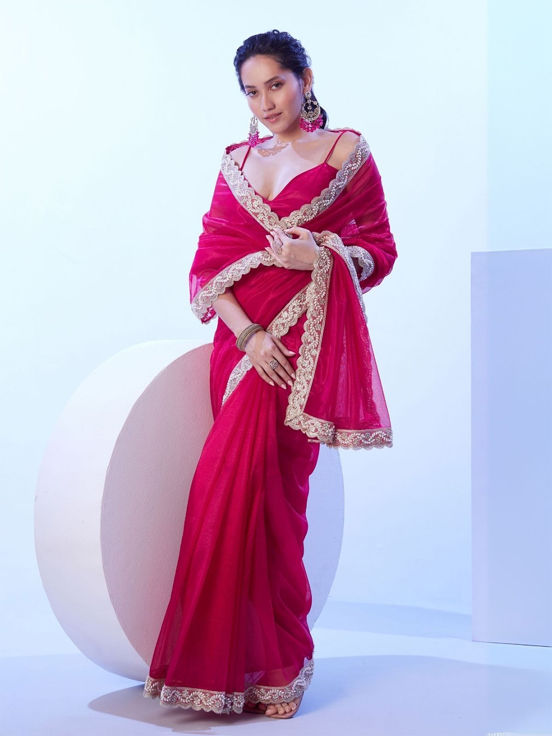 

ODETTE Pink Net Lace Work Saree With Unstitched Blouse For Women