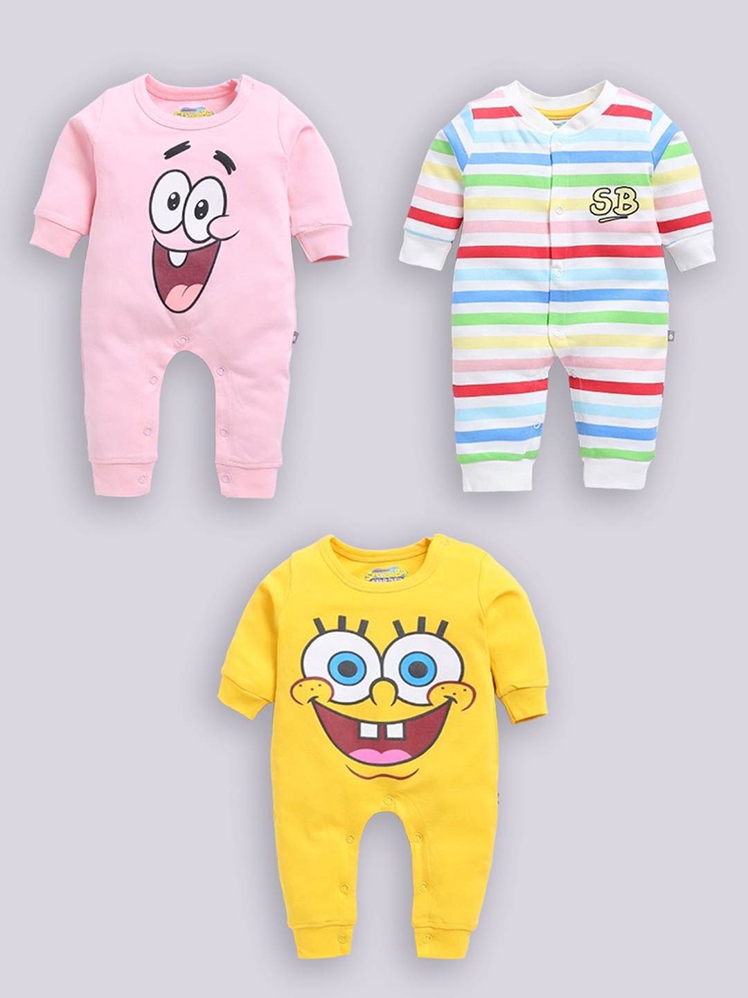 

YK X Tinyo Infants Pack Of 3 Printed Cotton Rompers, Multi